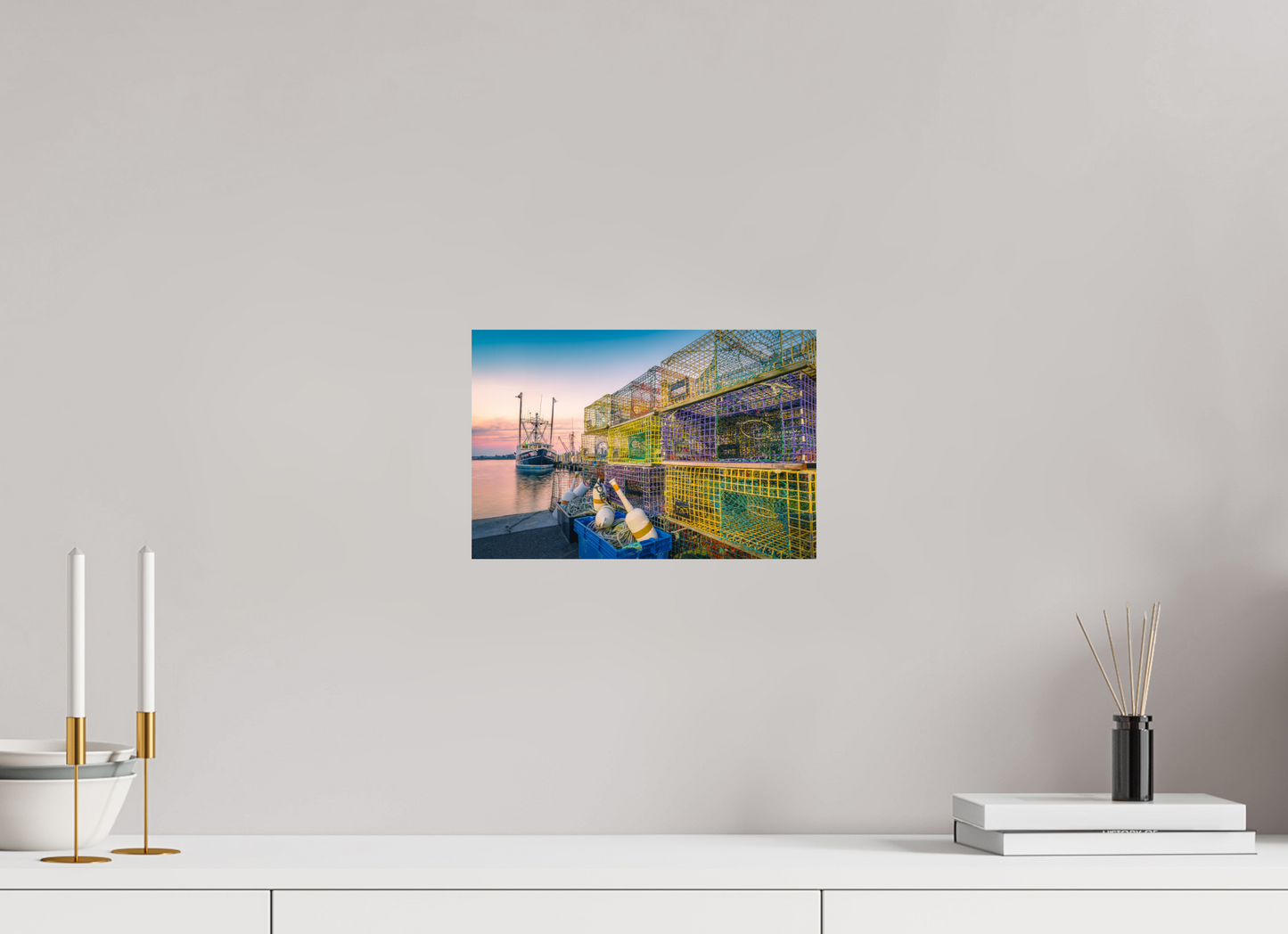 12 x 8″, Premium Photo Print on Fujiflex High Gloss Paper A Wall of Colorful Lobster Pots
