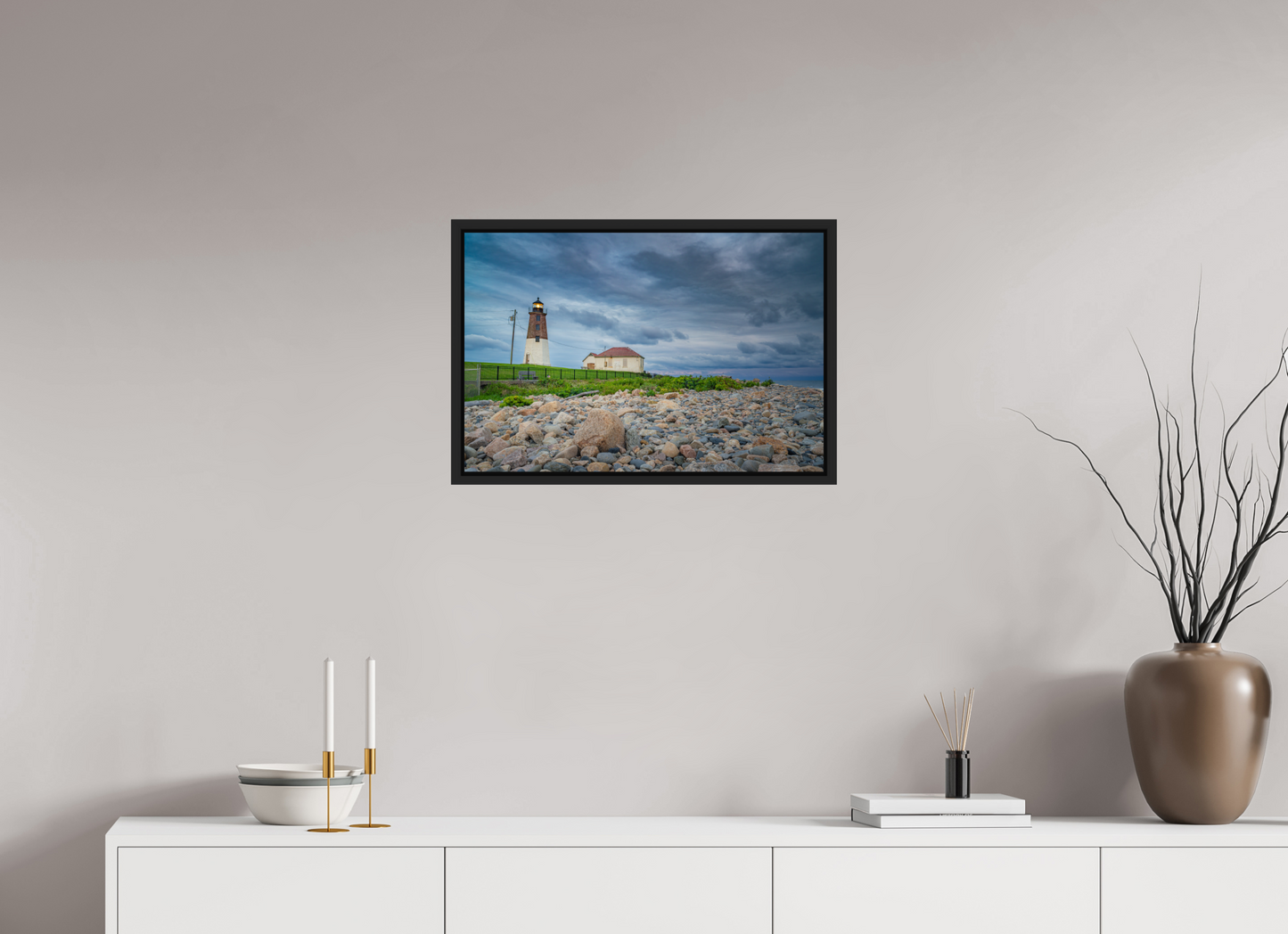 24 x 16″, Photo Print under Acrylic Glass with Black Wood Floater Frame The Point Judith Lighthouse
