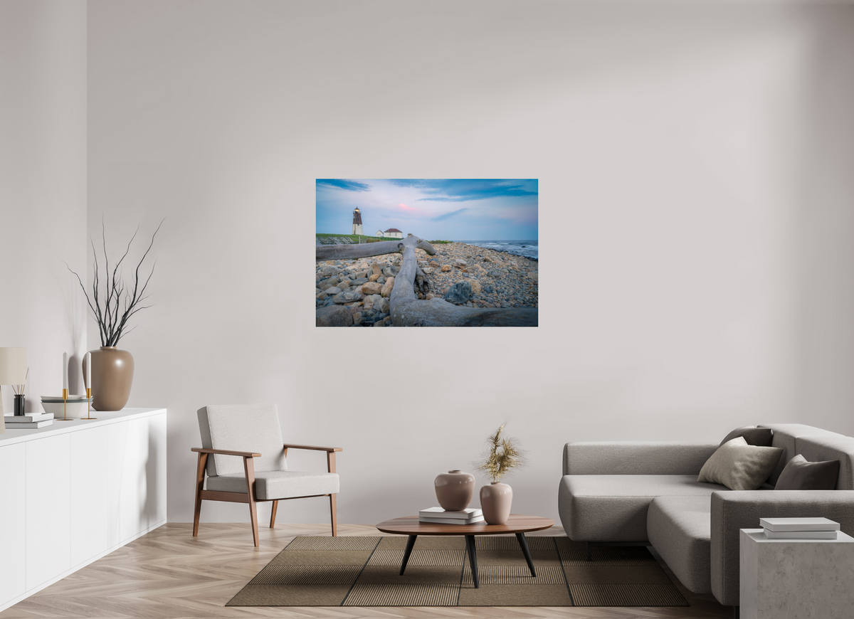 54 x 36″, Premium Photo Print on Fujiflex High Gloss Paper Driftwood at Pt. Judith Lighthouse