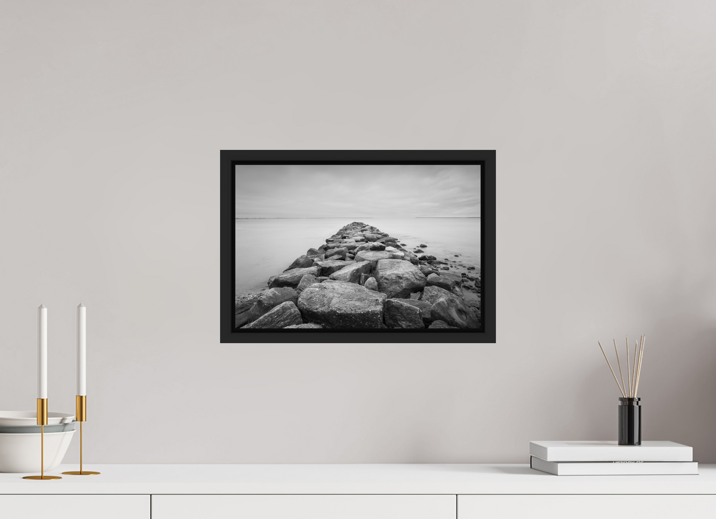 15 x 10″, ChromaLuxe HD Metal Print with Black Wood Floater Frame Sand Hill Cove Rocks