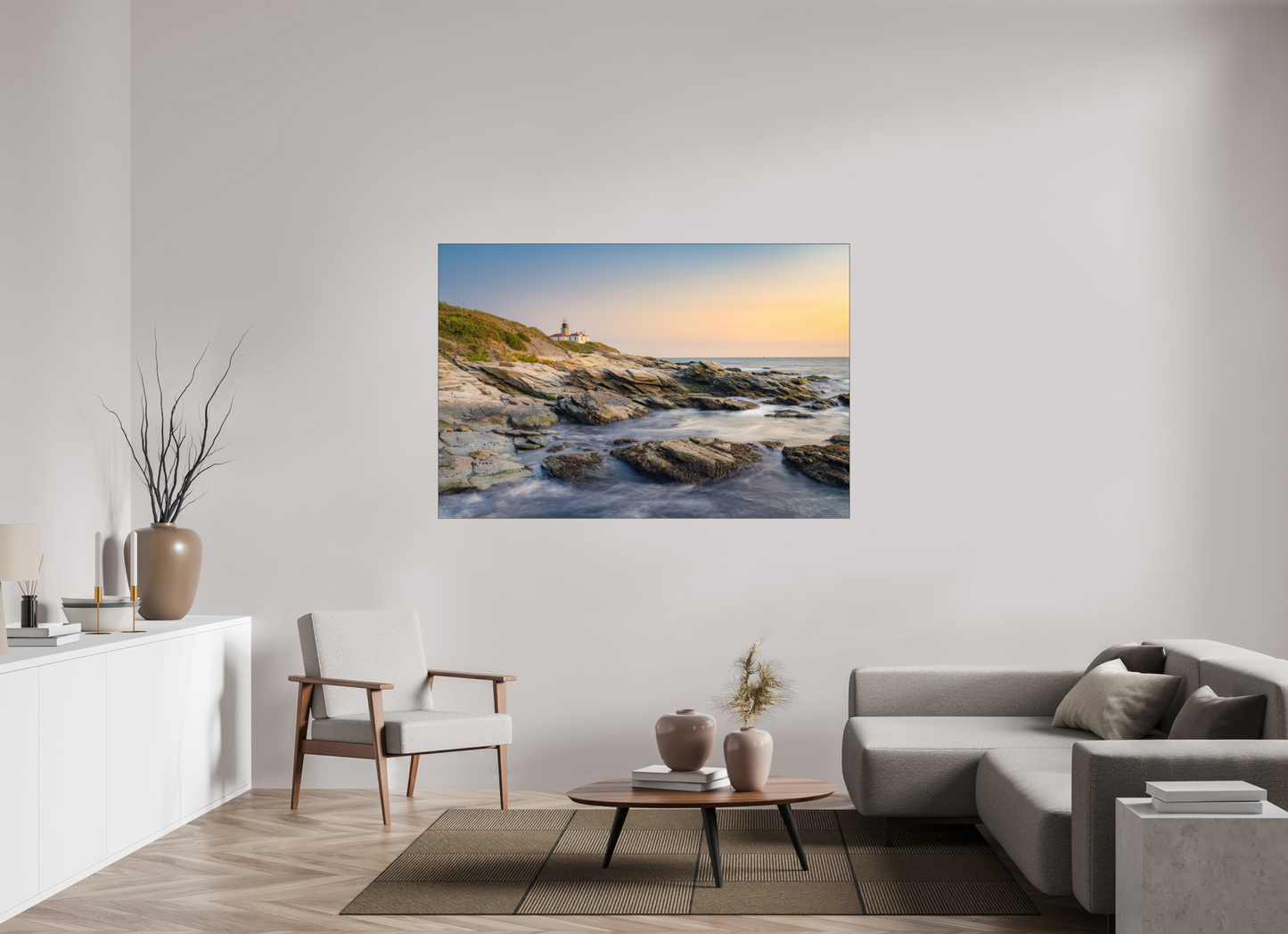66 x 44″, Premium Photo Print under Acrylic Glass with Black Slimline Case Quiet Sunset at Beavertail Lighthouse