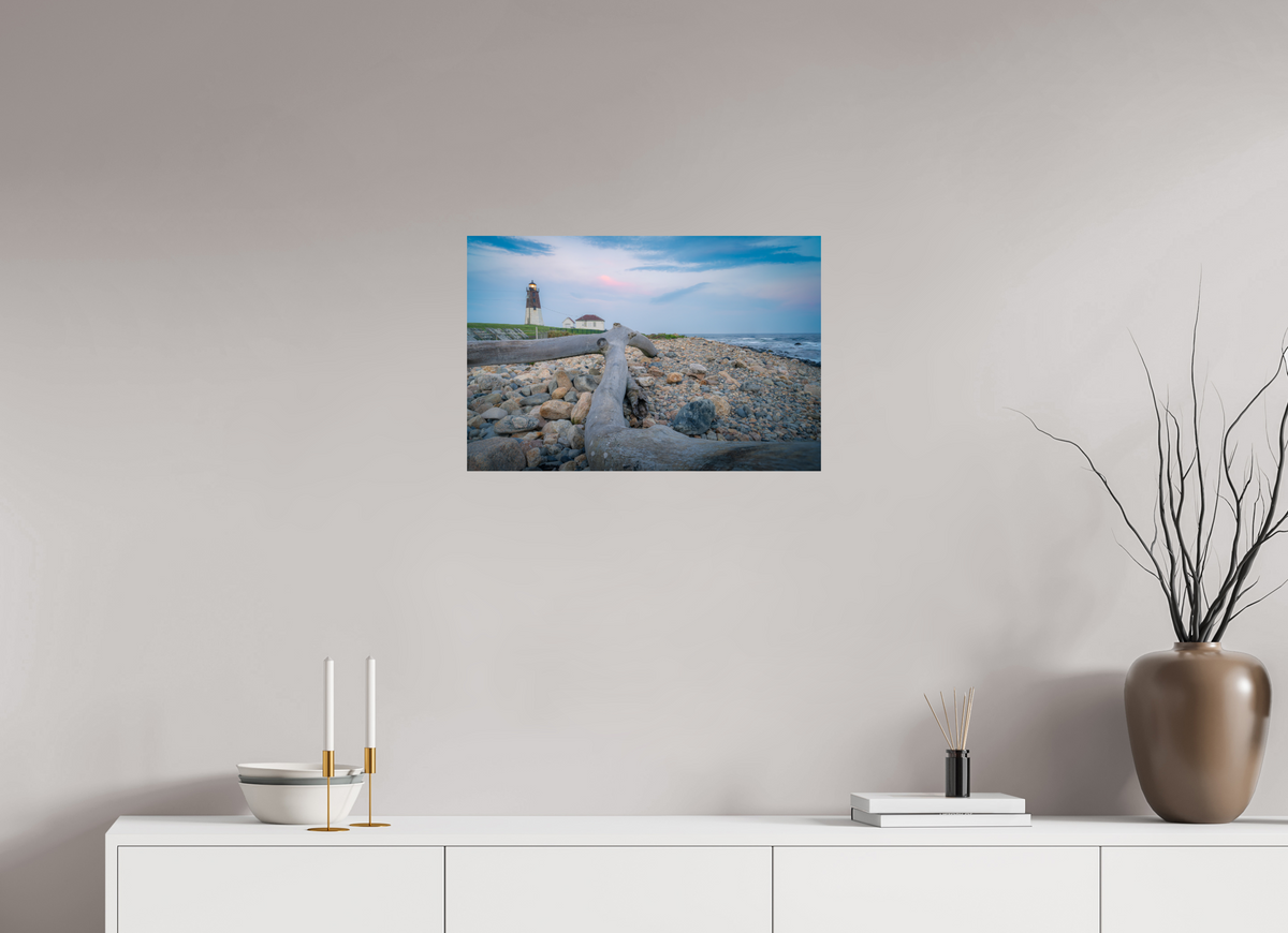 24 x 16″, Premium Photo Print on Fujiflex High Gloss Paper Driftwood at Pt. Judith Lighthouse