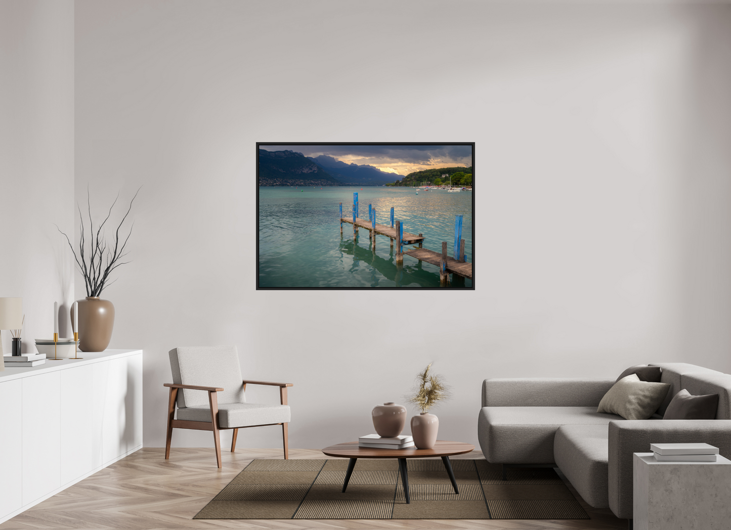 60 x 40″, Photo Print under Acrylic Glass with Black Wood Floater Frame Thunderstorm over Lake Annecy