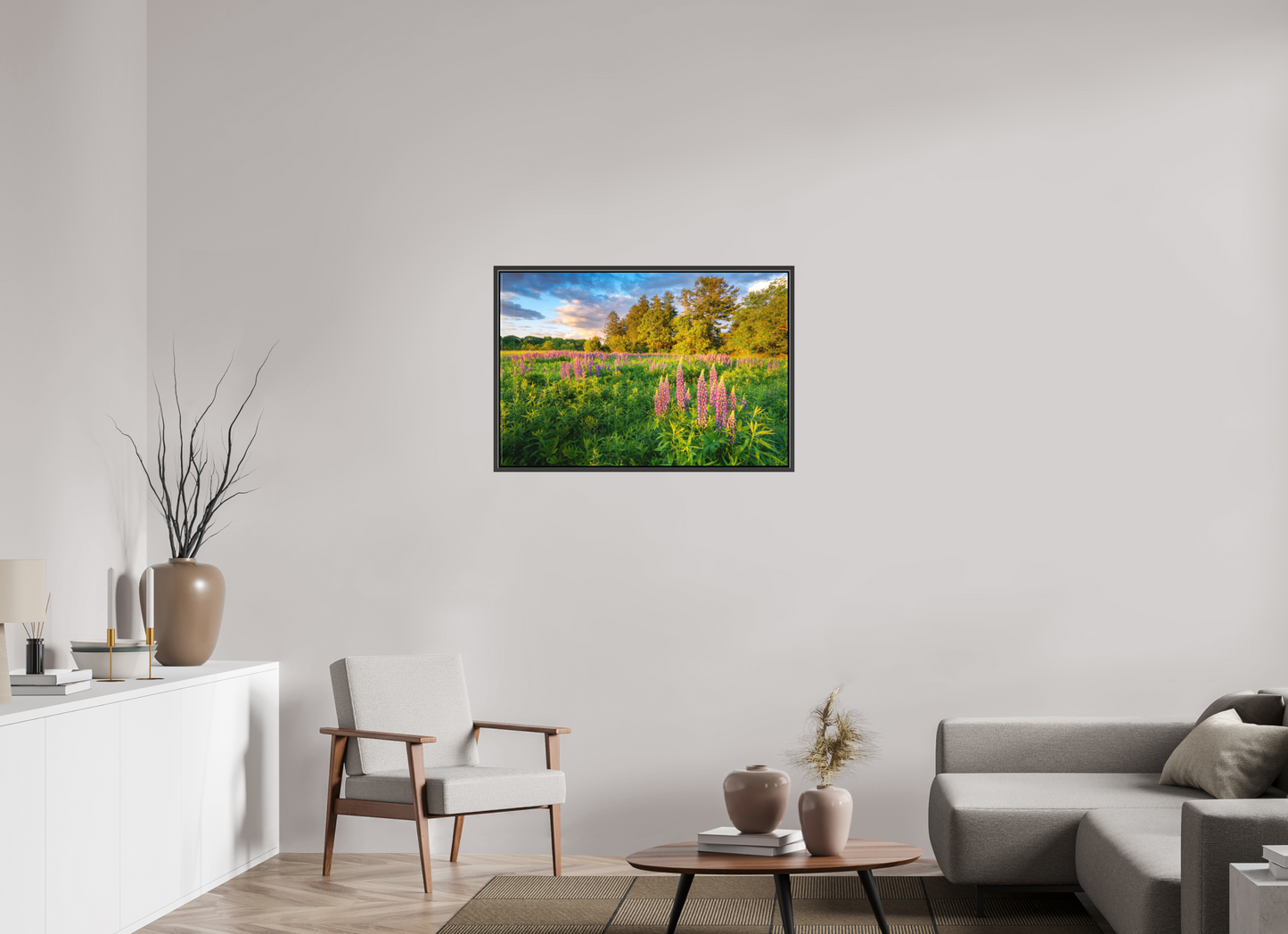 36 x 24″, Matte Canvas Print with Black Wood Floater Frame Lupines at Golden Hour