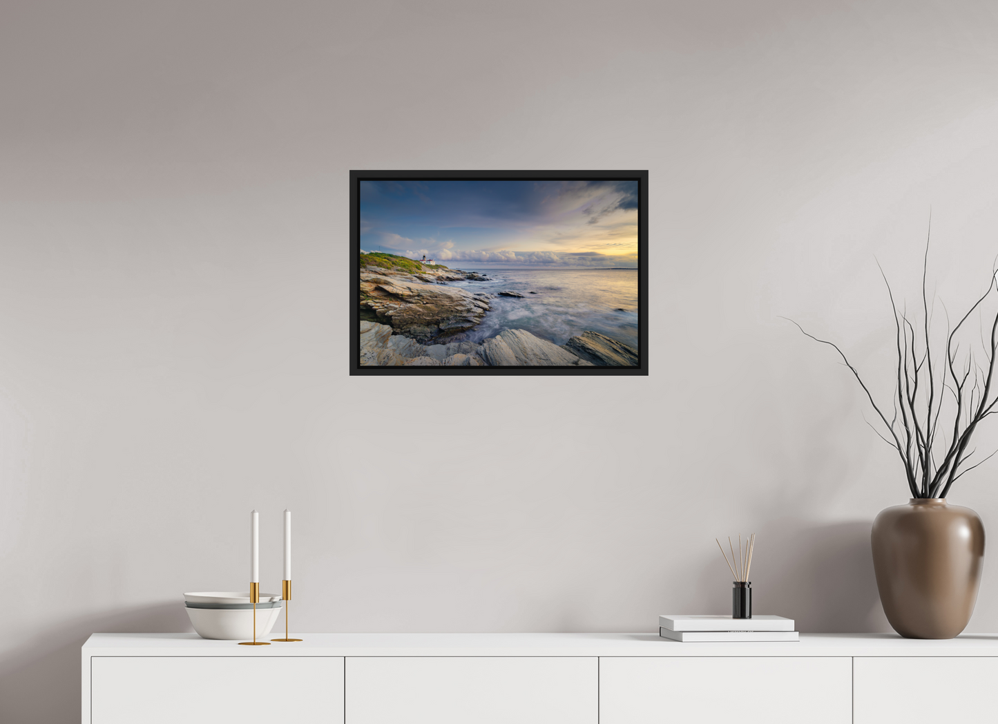 24 x 16″, ChromaLuxe HD Metal Print with Black Wood Floater Frame Twilight at Beavertail Lighthouse