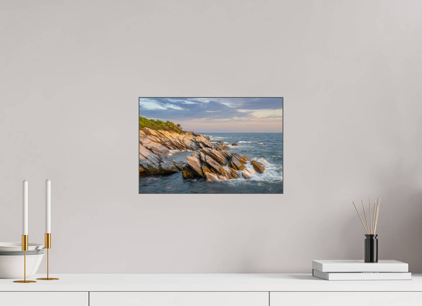 15 x 10″, Premium Photo Print under Acrylic Glass with Black Slimline Case Beavertail Cliffs Approaching Sunset