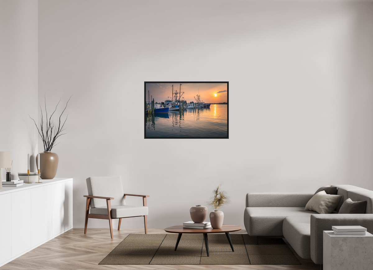 45 x 30″, Premium Photo Print under Acrylic Glass with Black Wood Floater Frame Boats at Sunset