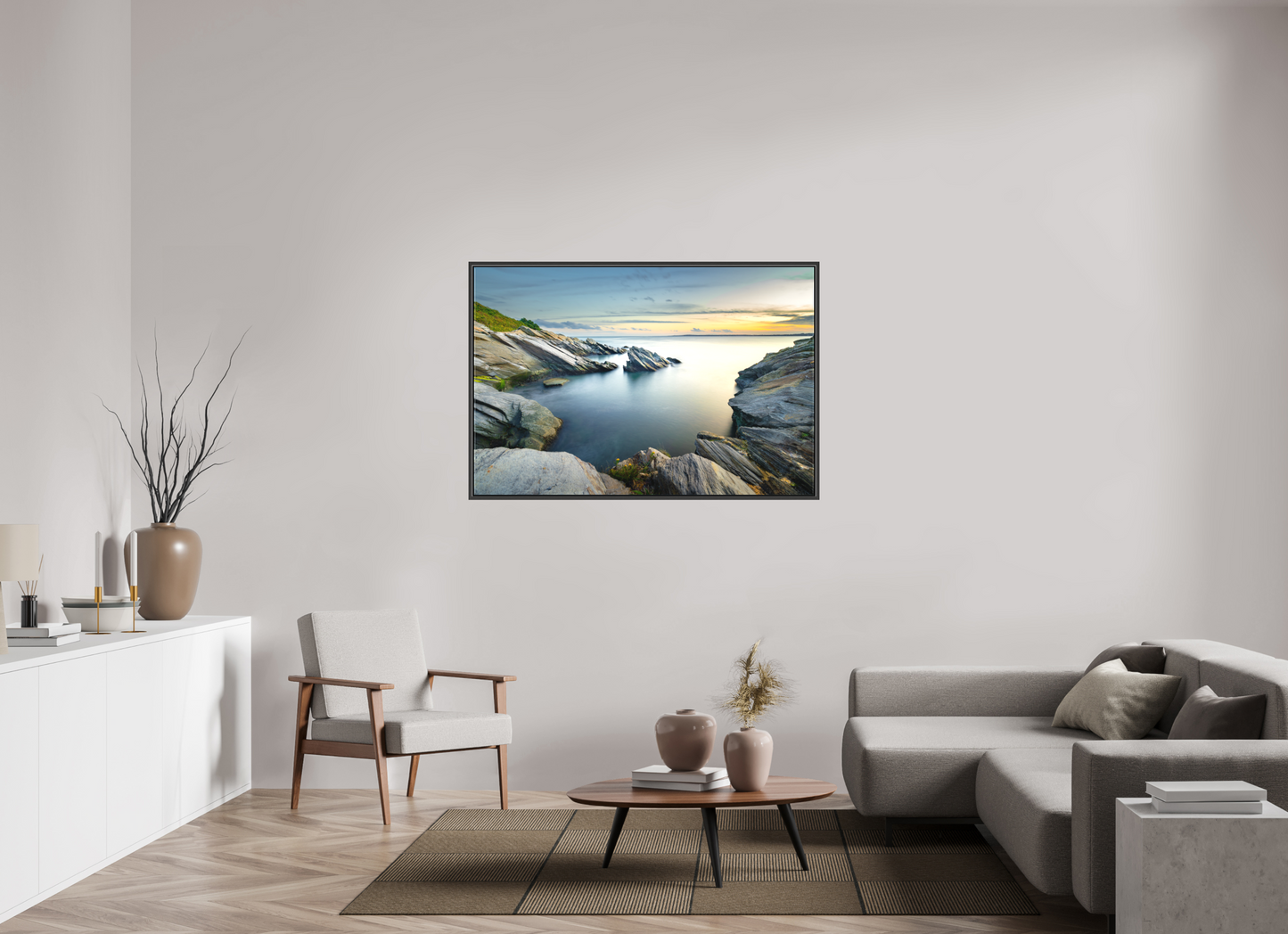 54 x 36″, Matte Canvas Print with Black Wood Floater Frame Sunset and Solitude