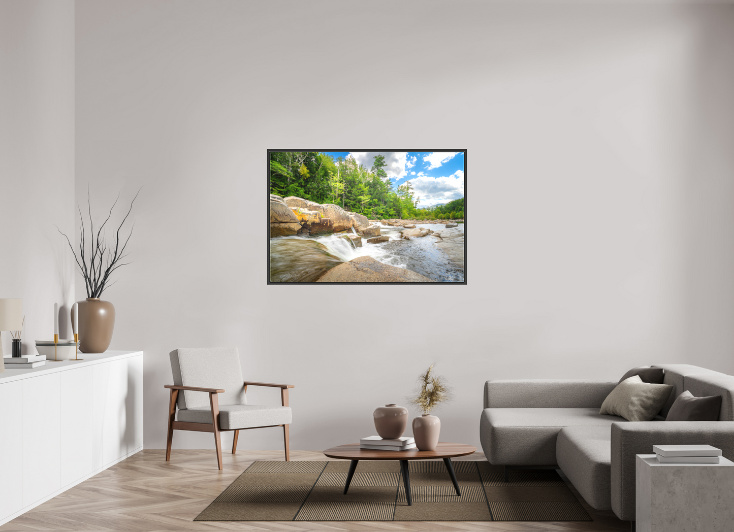 54 x 36″, Matte Canvas Print with Black Wood Floater Frame Over the Falls