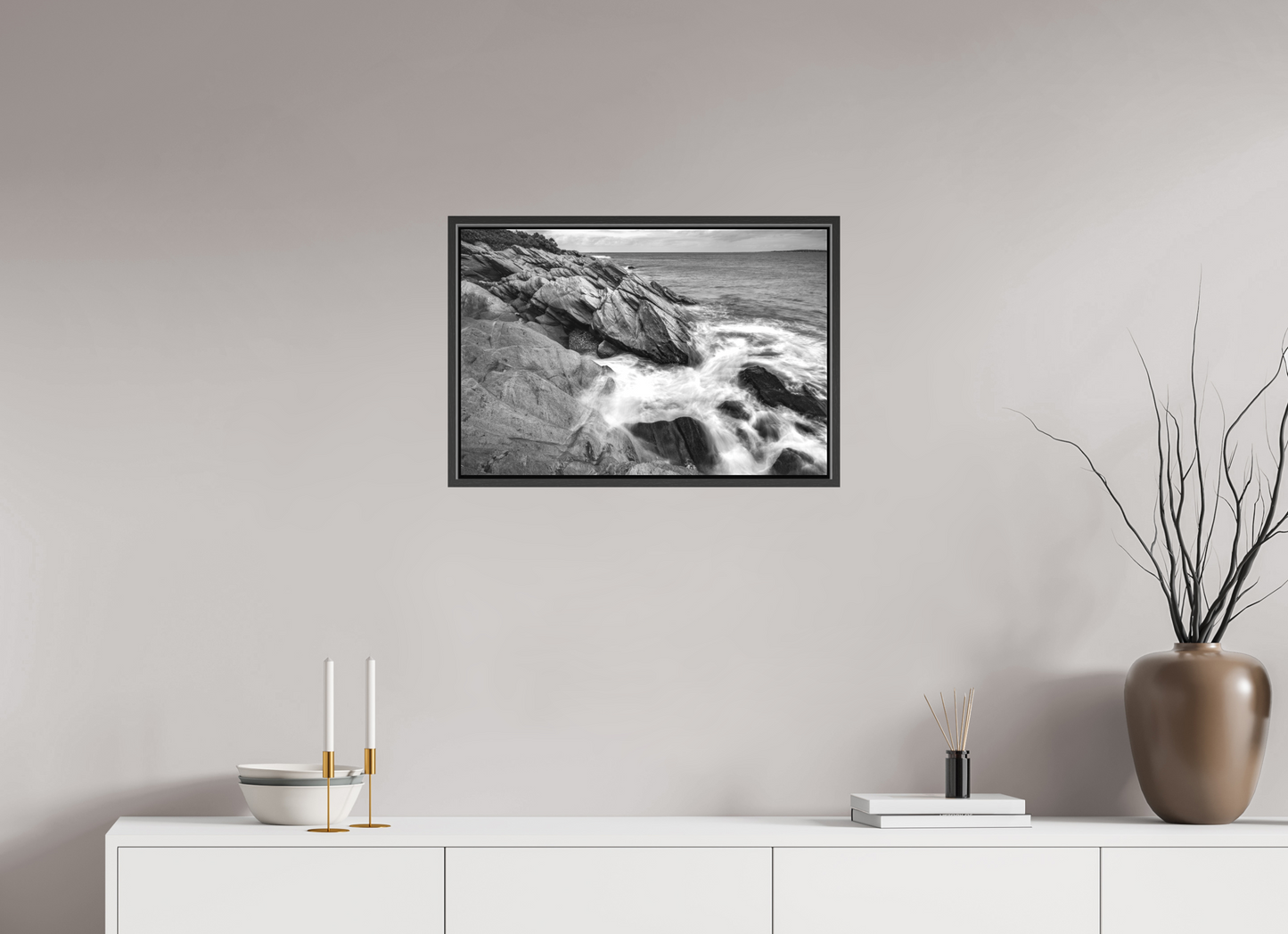 24 x 16″, Matte Canvas Print with Black Wood Floater Frame Beavertail Cliffs