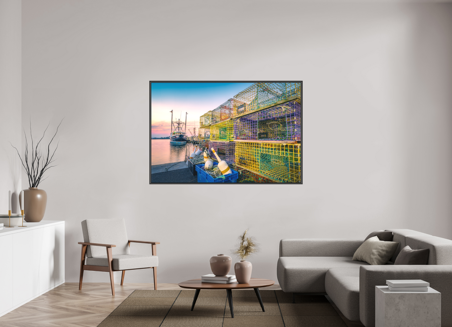 66 x 44″, Matte Canvas Print with Black Wood Floater Frame A Wall of Colorful Lobster Pots