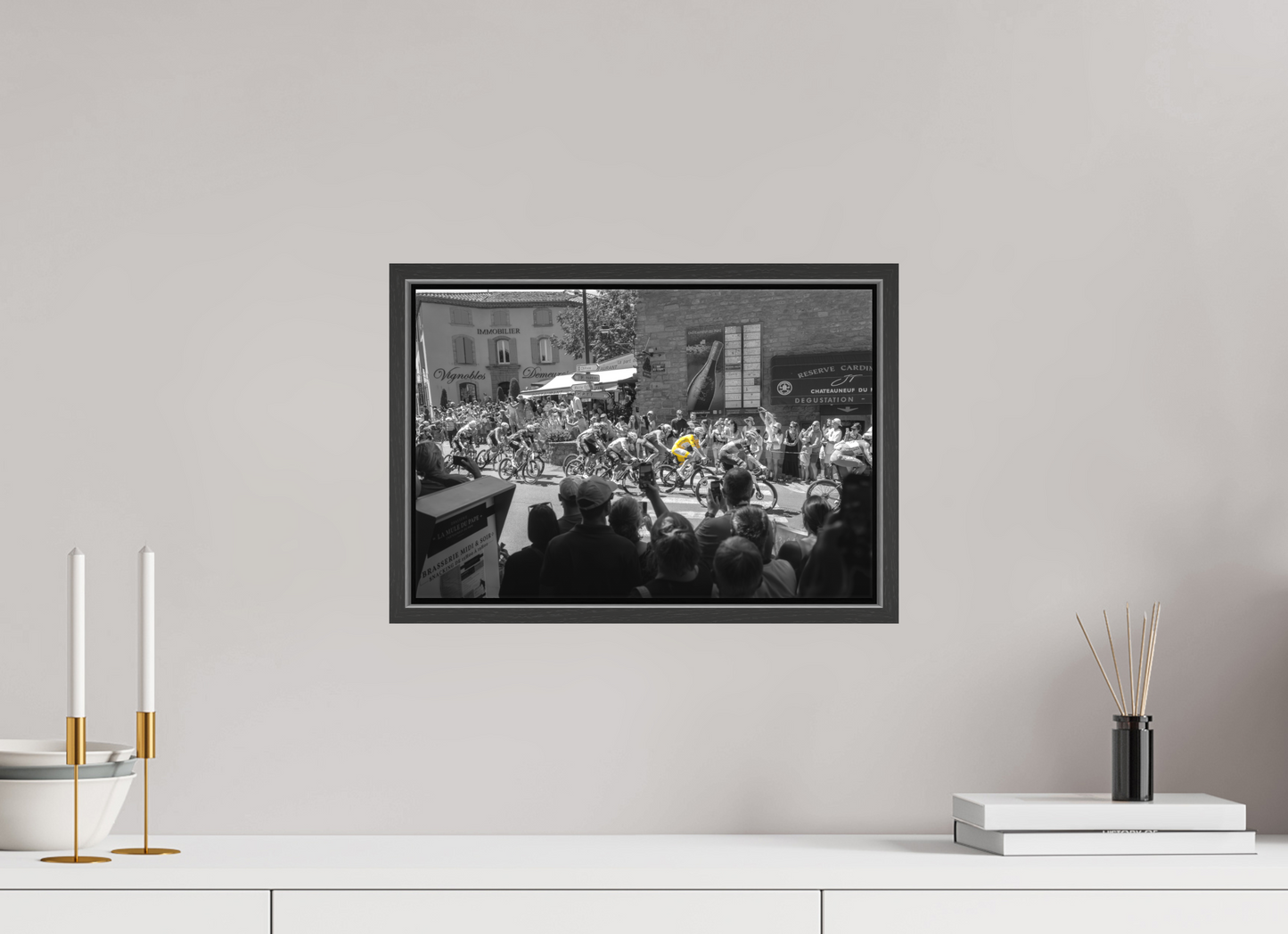 15 x 10″, Matte Canvas Print with Black Wood Floater Frame Tour de France Leader Tadej Pogacar in the Yellow Jersey
