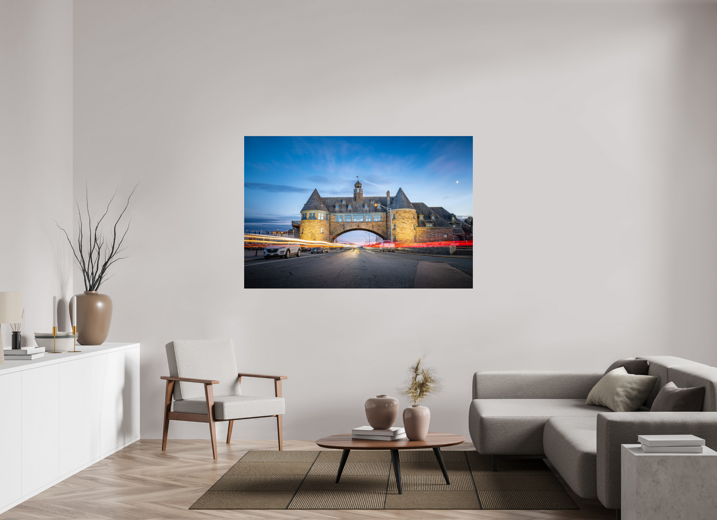 66 x 44″, Photo Print under Acrylic Glass Narragansett Towers and Light Trails