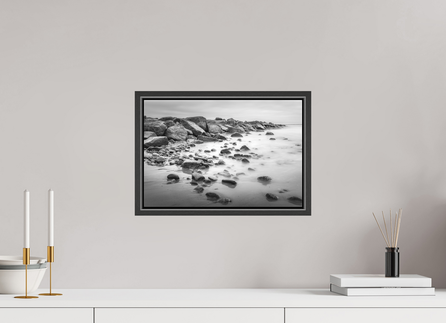 15 x 10″, Matte Canvas Print with Black Wood Floater Frame Overcast Morning at Sand Hill Cove
