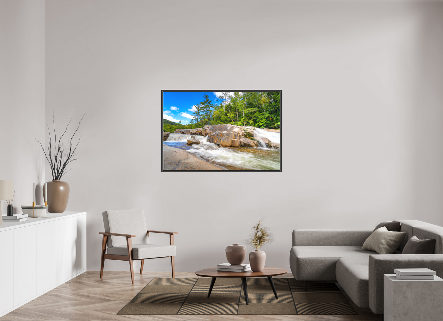 54 x 36″, Matte Canvas Print with Black Wood Floater Frame Kancamagus Waterfall