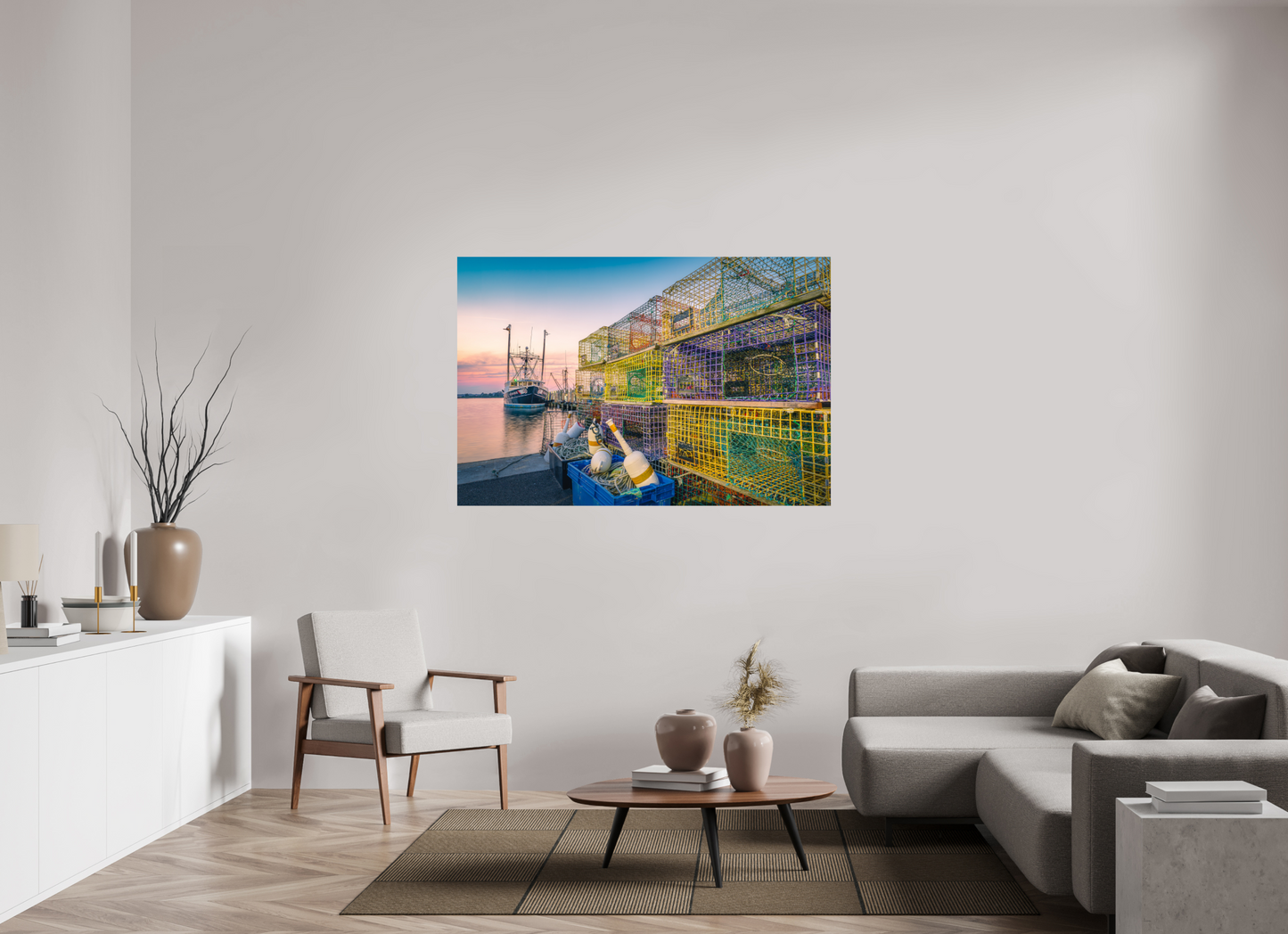 60 x 40″, Premium ChromaLuxe HD Aluminum Metal Print A Wall of Colorful Lobster Pots