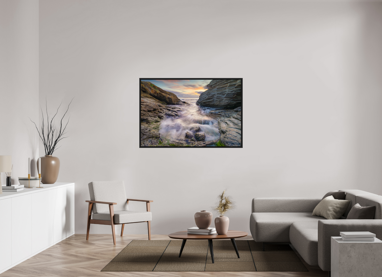 54 x 36″, Photo Print Under Acrylic Glass with Black Wood Floater Frame Waves Approaching