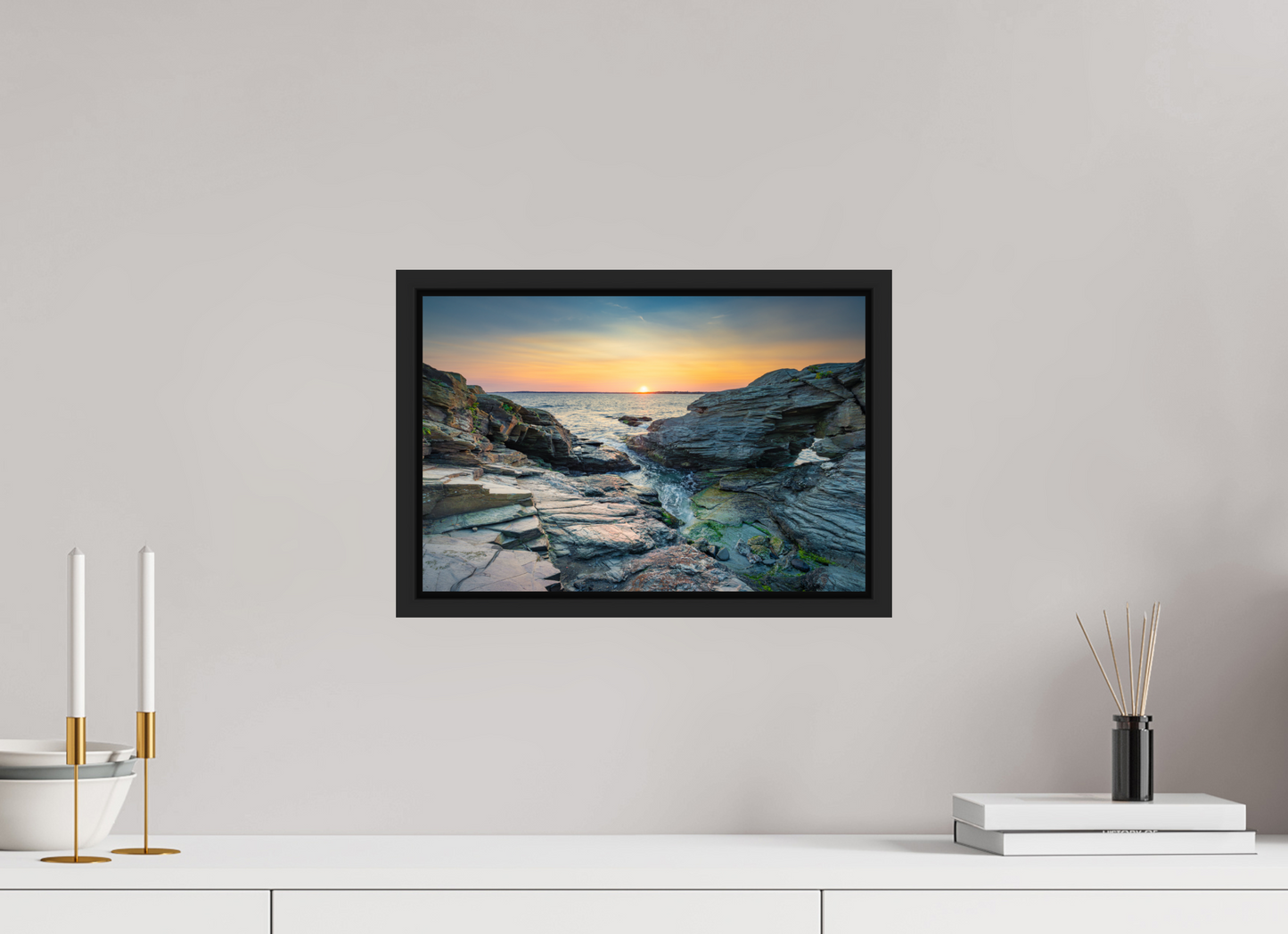 15 x 10″, Photo Print Under Acrylic Glass with Black Wood Floater Frame Sun on the Horizon