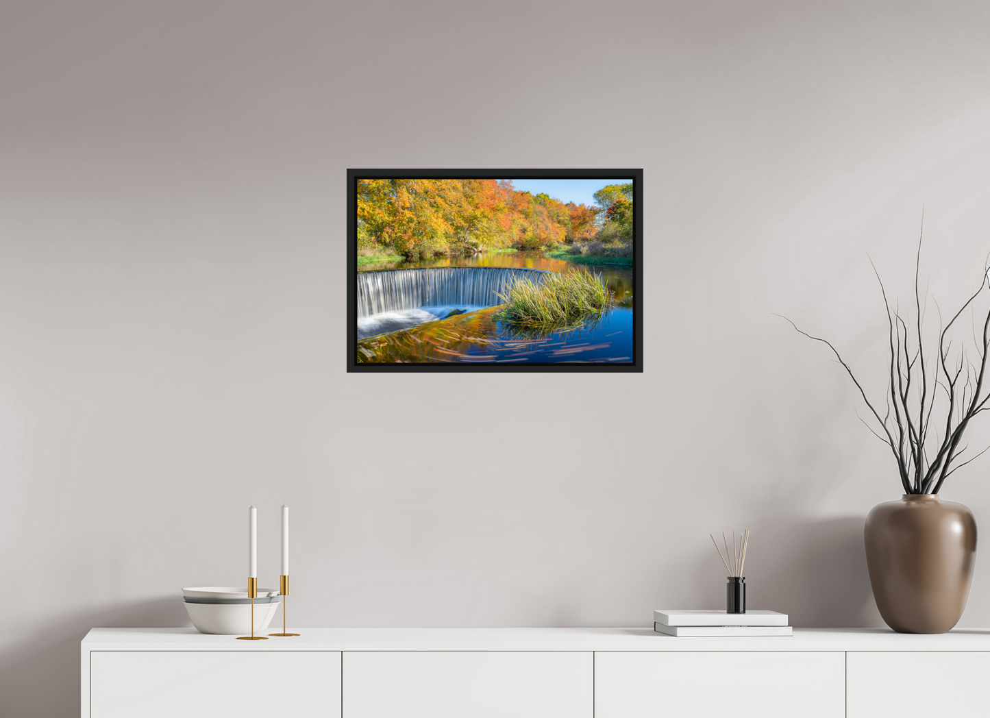 24 x 16″, ChromaLuxe HD Metal Print with Black Wood Floater Frame Peak Fall Colors Over Horseshoe Falls