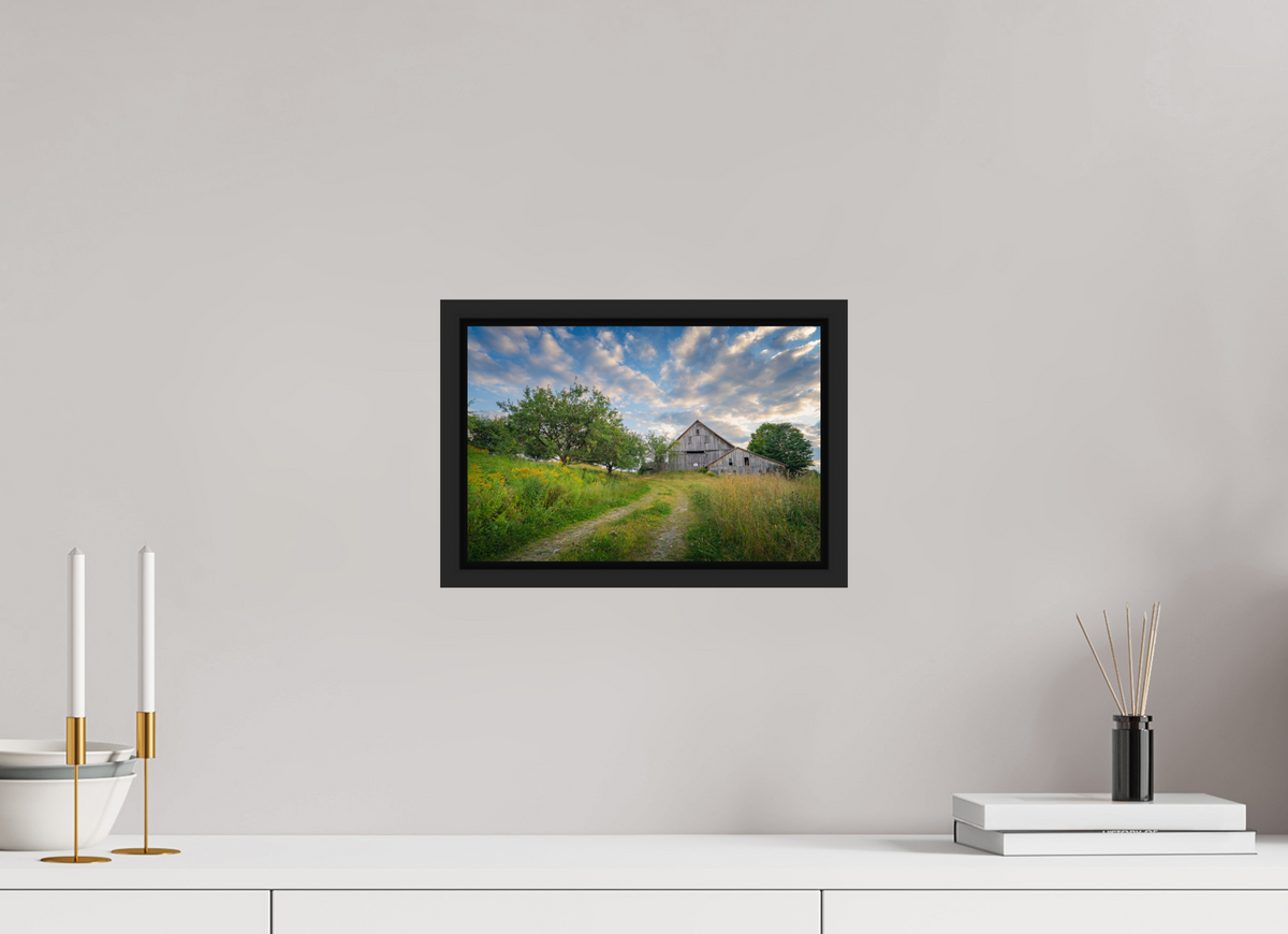 12 x 8″, Premium ChromaLuxe HD Aluminum Metal Print with Black Wood Floater Frame Countryside Barn