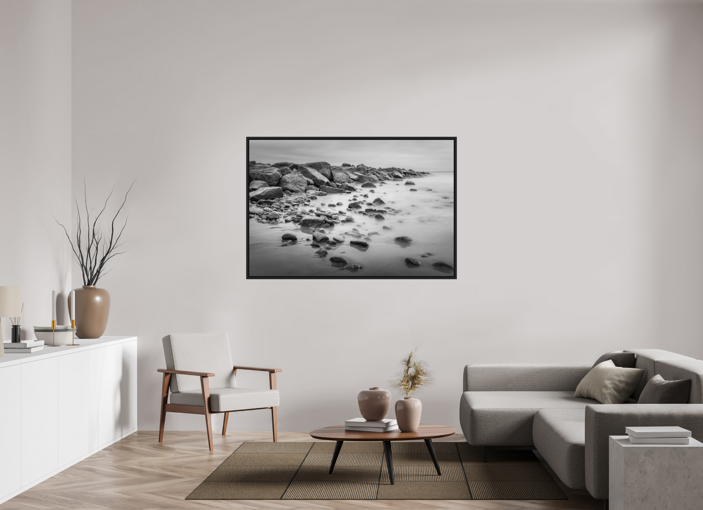 60 x 40″, Photo Print under Acrylic Glass with Black Wood Floater Frame Overcast Morning at Sand Hill Cove