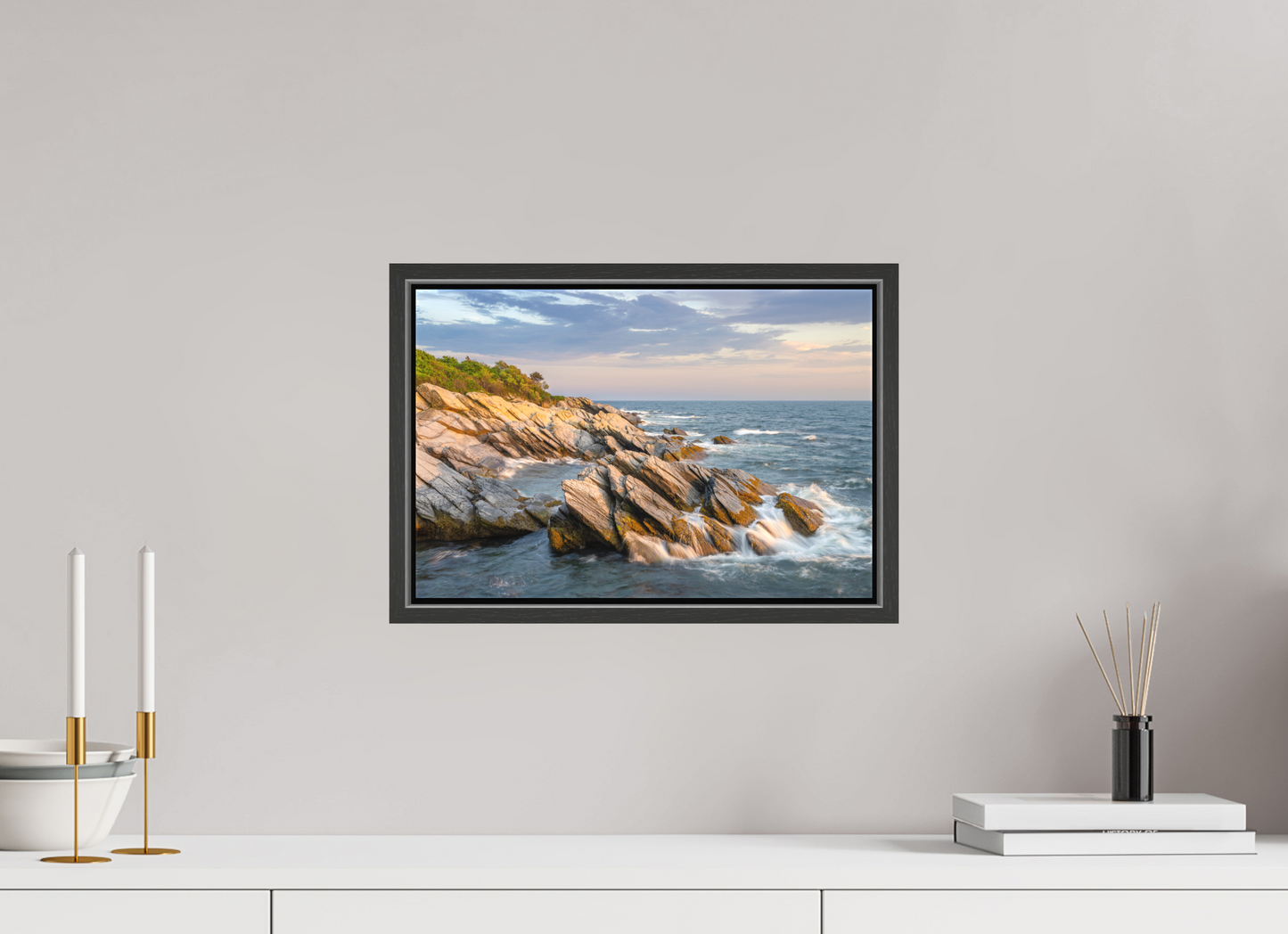 15 x 10″, Matte Canvas Print with Black Wood Floater Frame Beavertail Cliffs Approaching Sunset