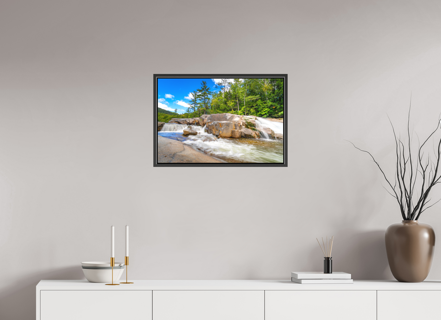 24 x 16″, Matte Canvas Print with Black Wood Floater Frame Kancamagus Waterfall