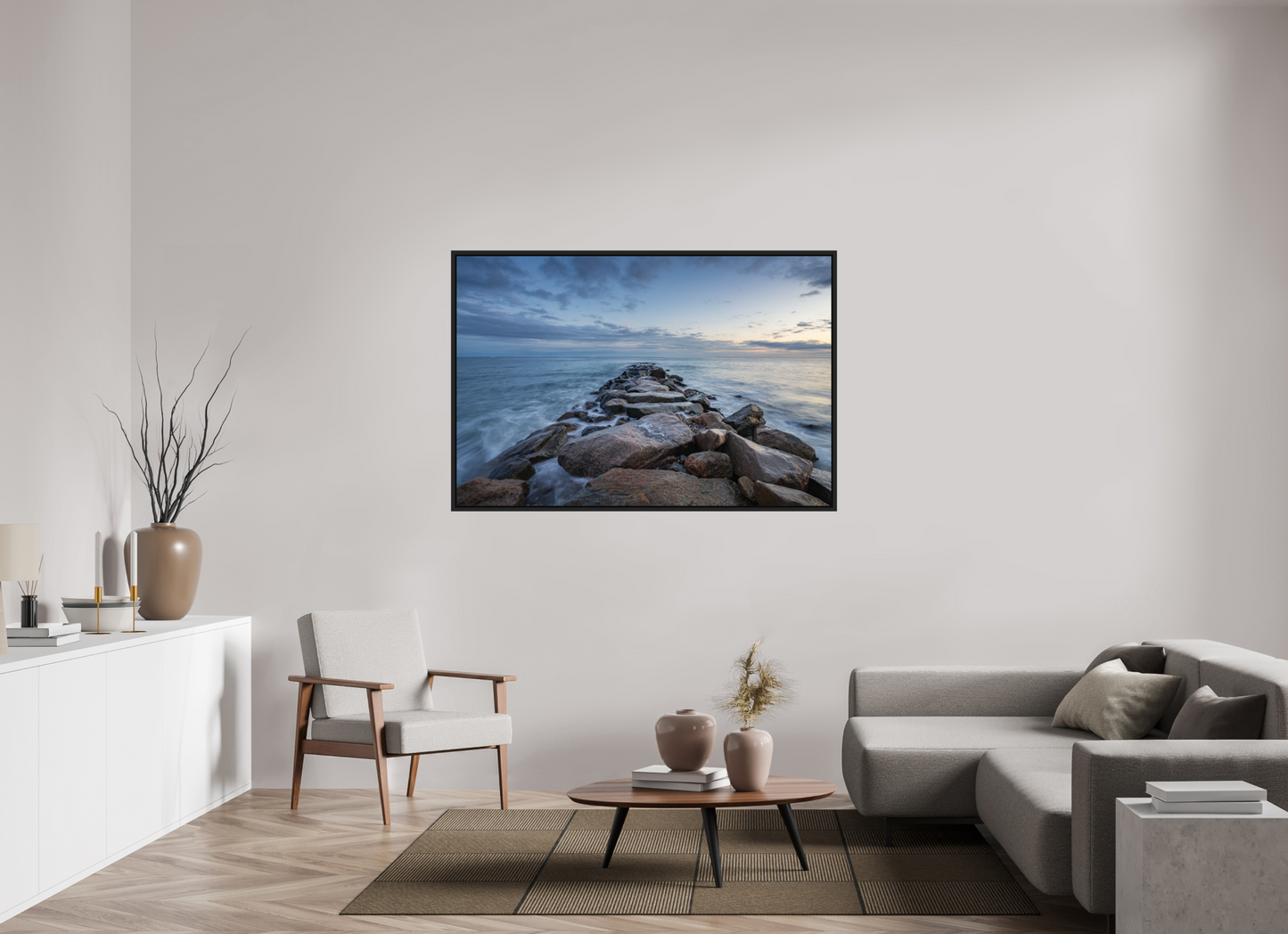 60 x 40″, Photo Print under Acrylic Glass with Black Wood Floater Frame Roger Wheeler State Beach at Blue Hour