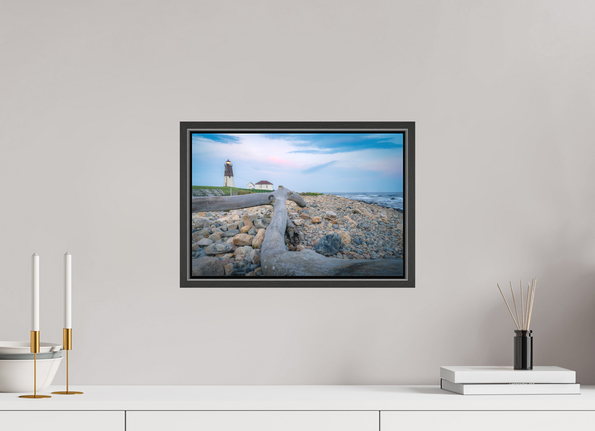15 x 10″, Matte Canvas Print with Black Wood Floater Frame Driftwood at Pt. Judith Lighthouse