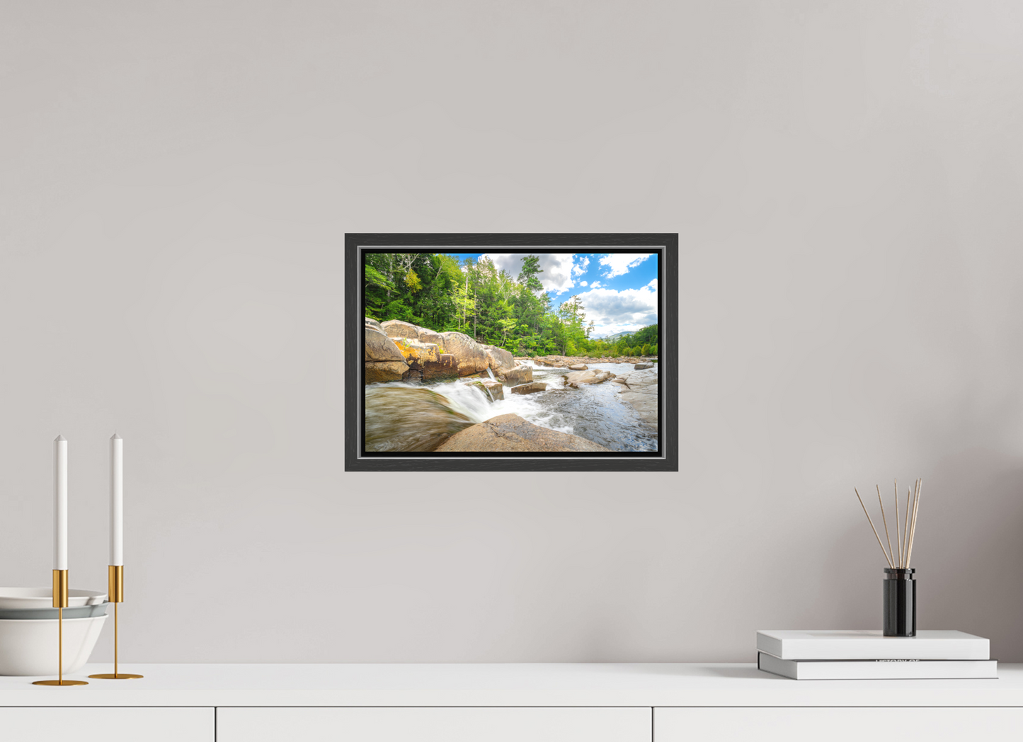 12 x 8″, Matte Canvas Print with Black Wood Floater Frame Over the Falls