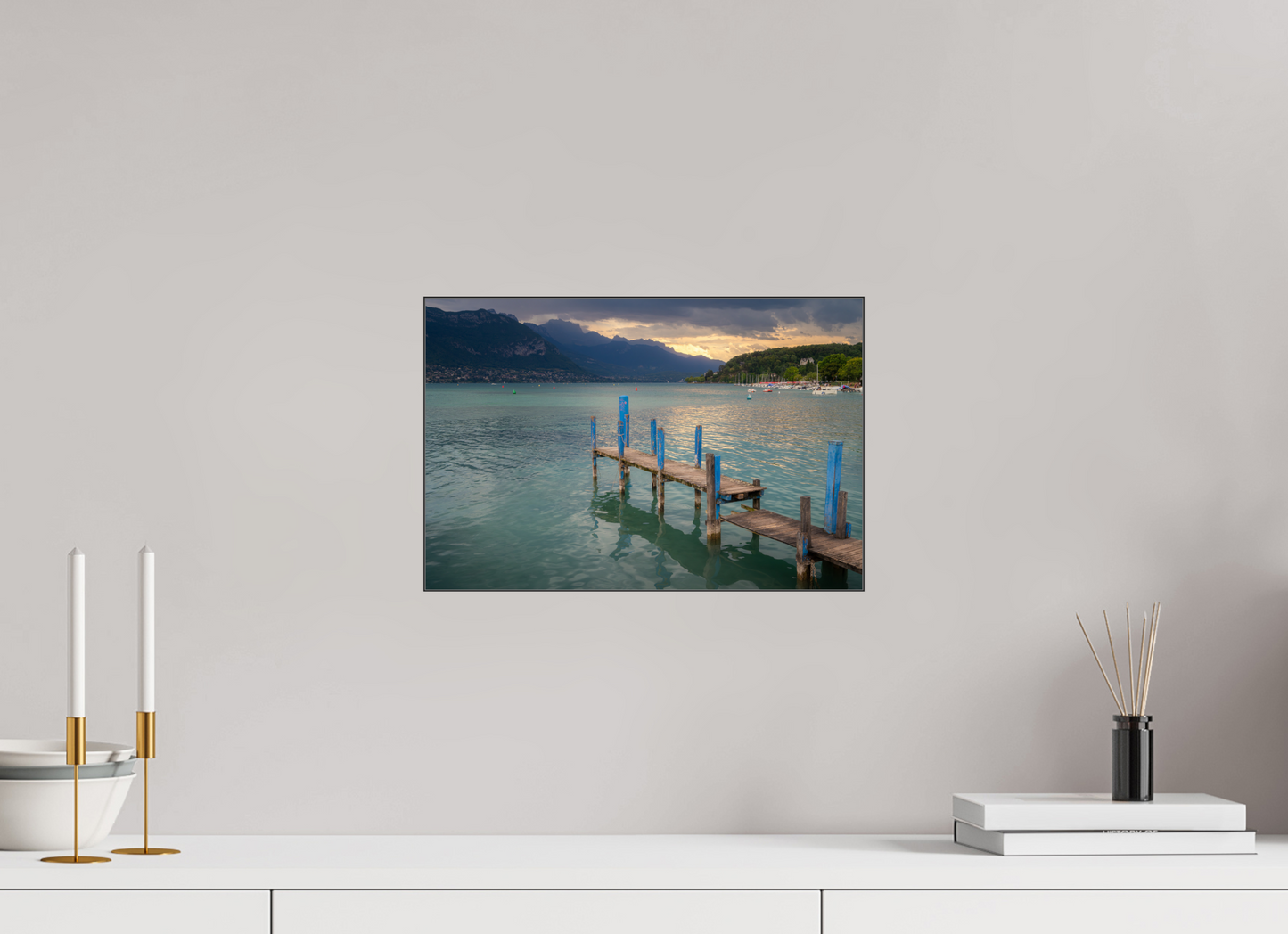 15 x 10″, Photo Print under Acrylic Glass with Black Slimline Case Thunderstorm over Lake Annecy