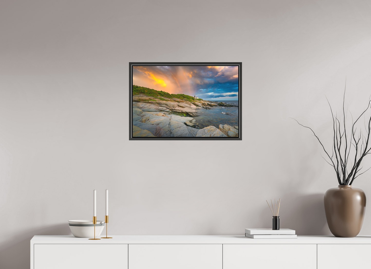 24 x 16″, Matte Canvas Print with Black Wood Floater Frame Rainbow Over Beavertail Lighthouse