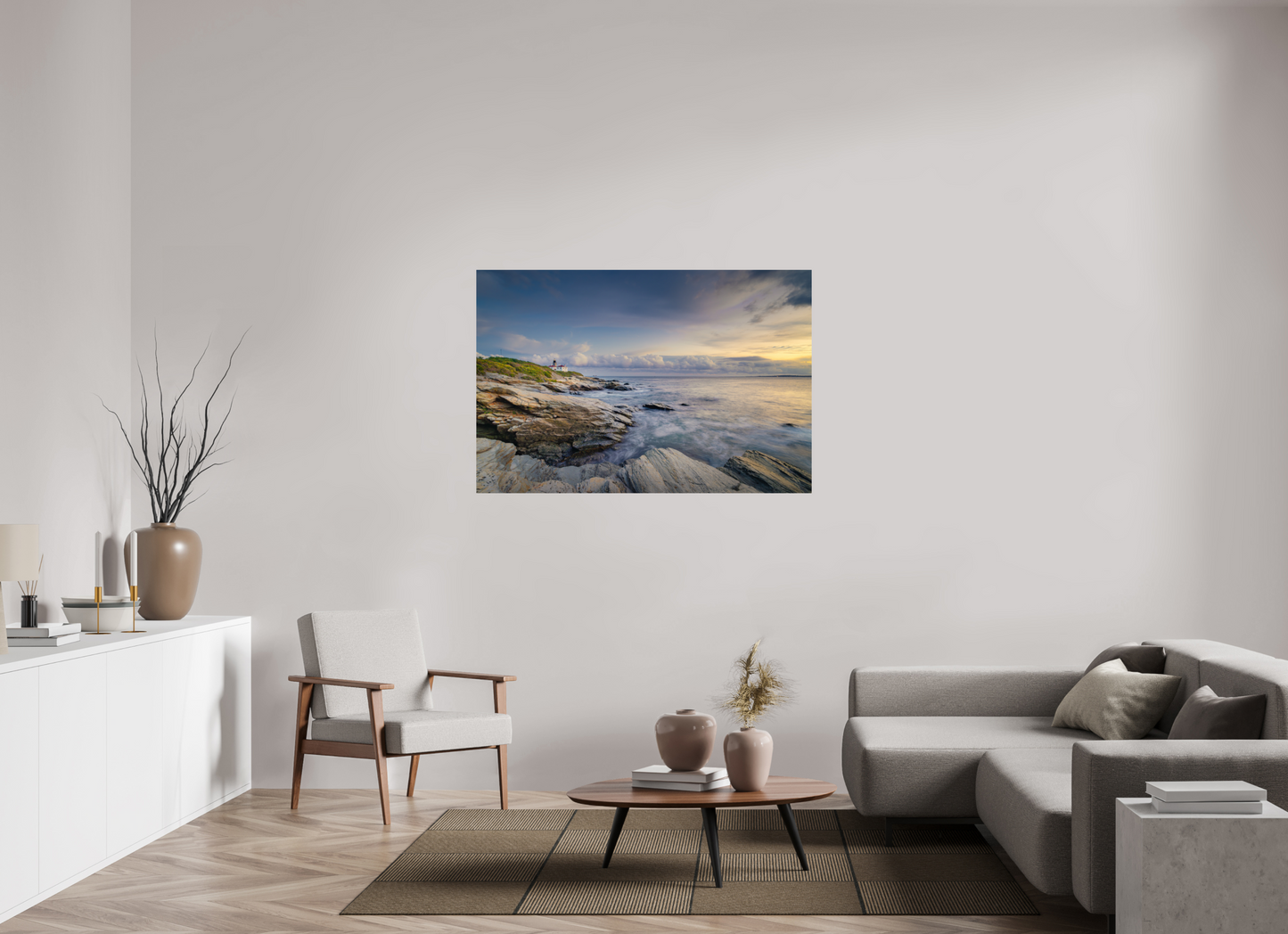 54 x 36″, Metallic Photo Print on Fuji Crystal Pearl Twilight at Beavertail Lighthouse