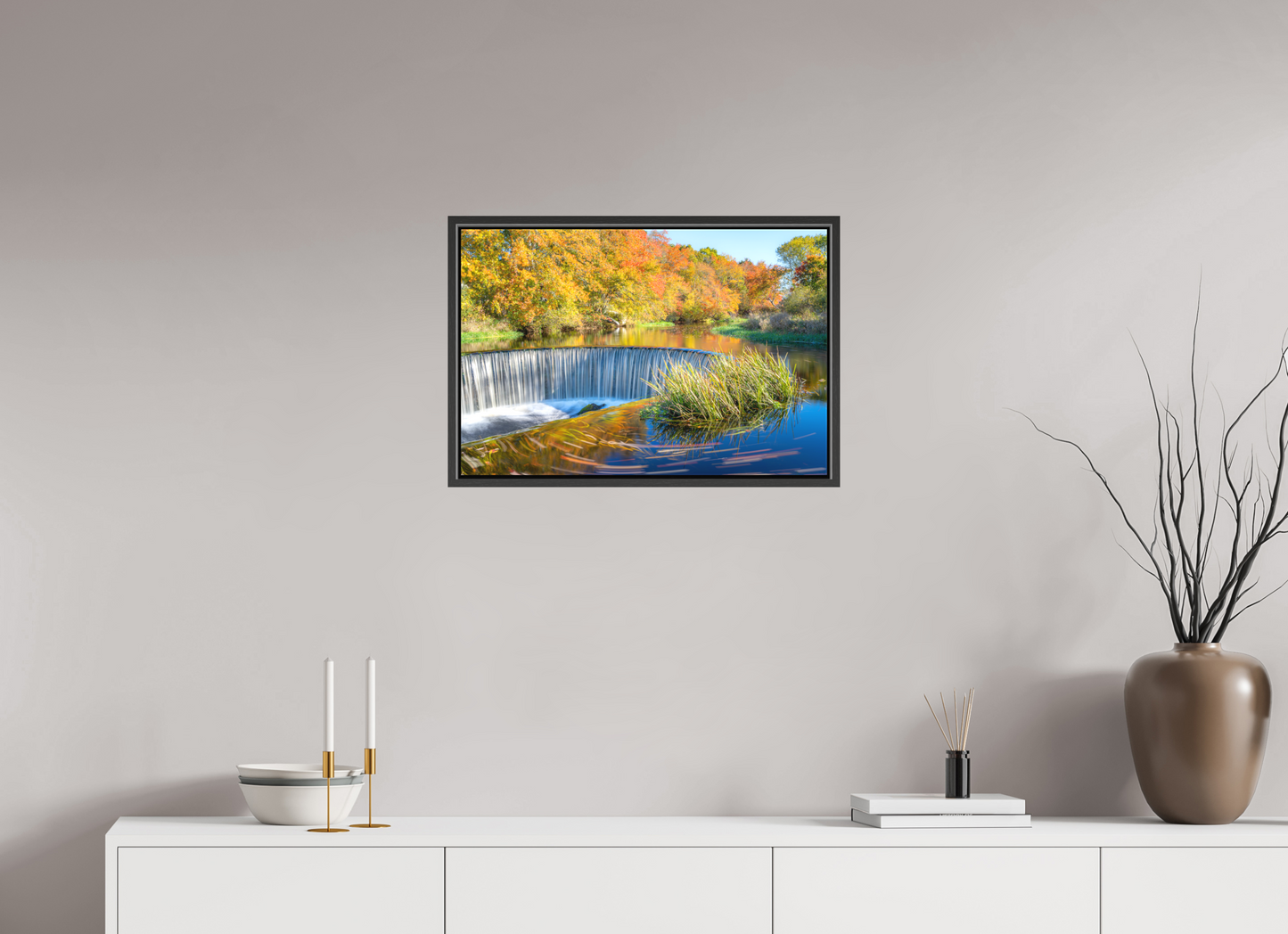 24 x 16″, Matte Canvas Print with Black Wood Floater Frame Peak Fall Colors Over Horseshoe Falls