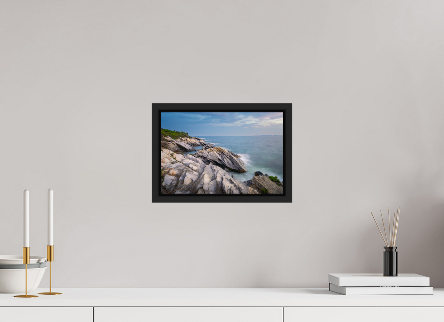 12 x 8″, Premium Photo Print under Acrylic Glass with Black Wood Floater Frame Blue Hour at Beavertail
