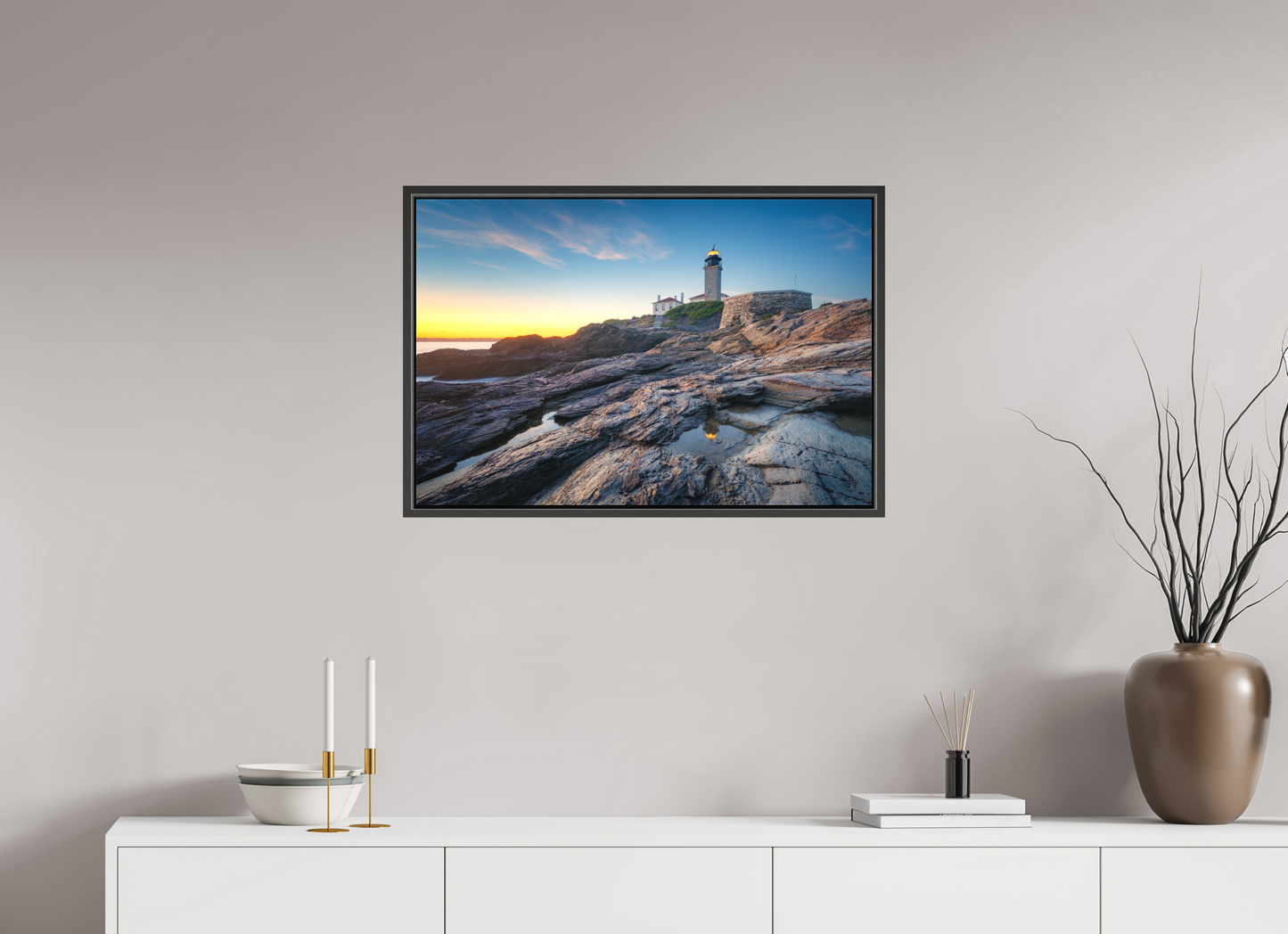 30 x 20″, Matte Canvas Print with Black Wood Floater Frame Beavertail Lighthouse Tide Pool Reflection