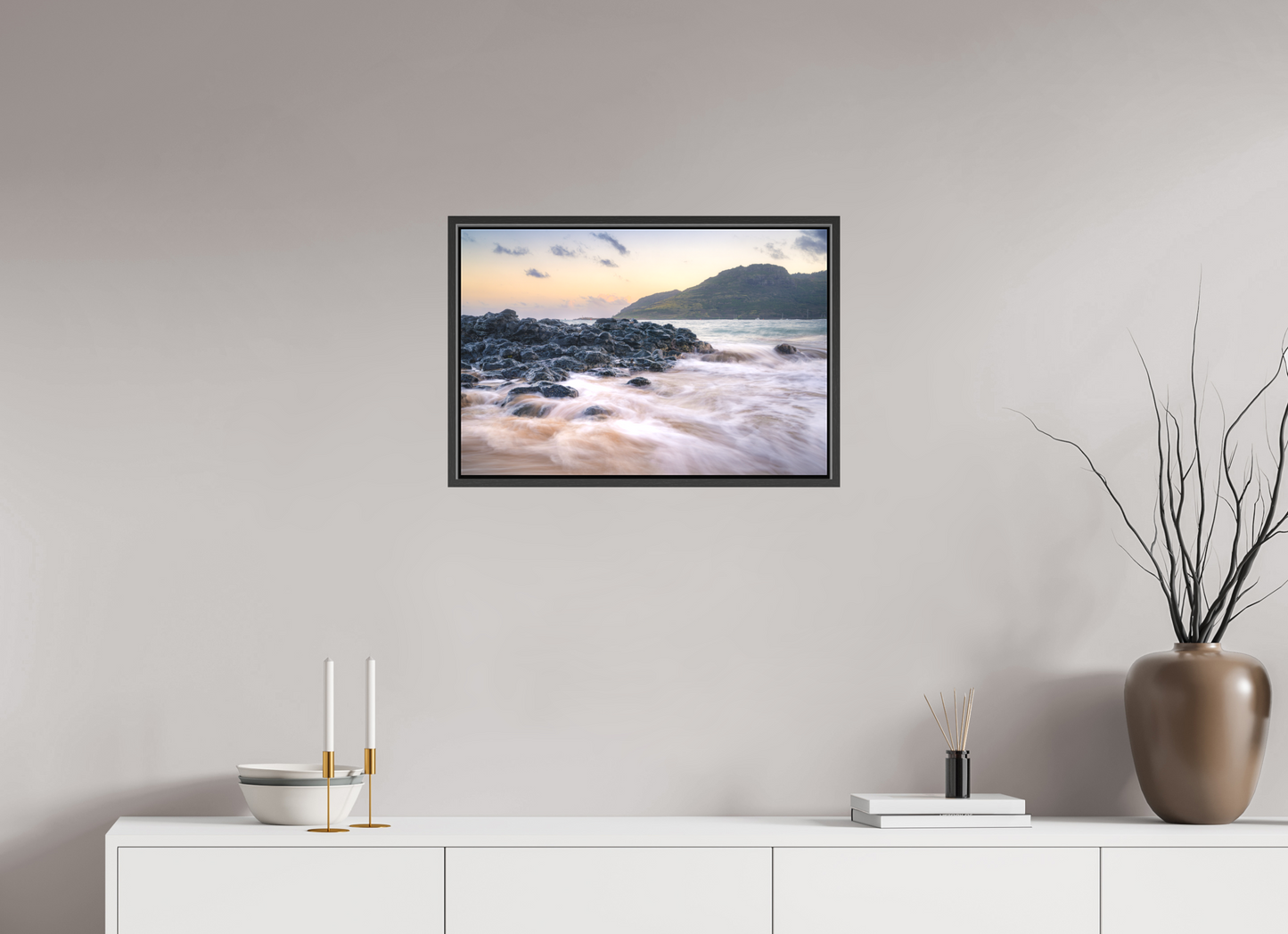 24 x 16″, Matte Canvas Print with Black Wood Floater Frame Lihue Sunset