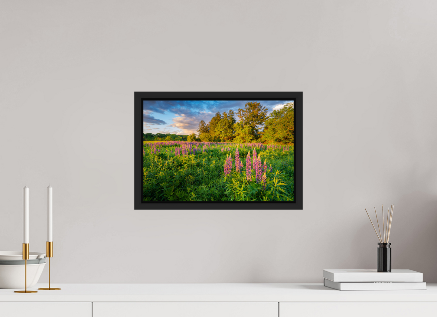 15 x 10″, Premium Photo Print under Acrylic Glass with Black Wood Floater Frame Lupines at Golden Hour