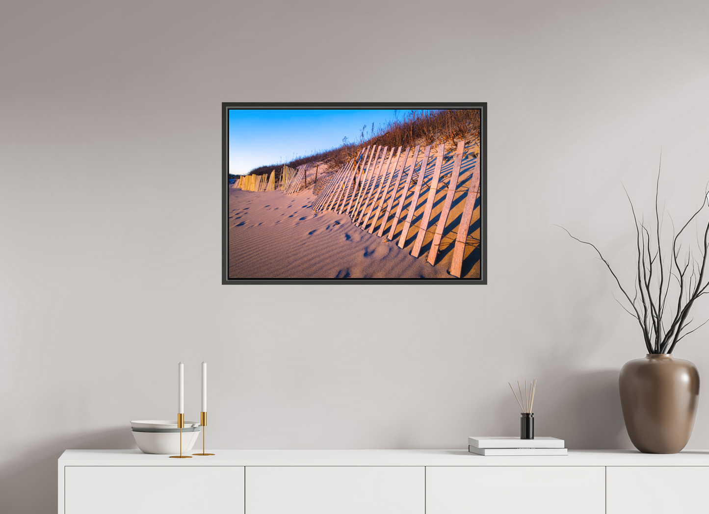30 x 20″, Matte Canvas Print with Black Wood Floater Frame Sunset Glow on Sand Hill Cove Dunes
