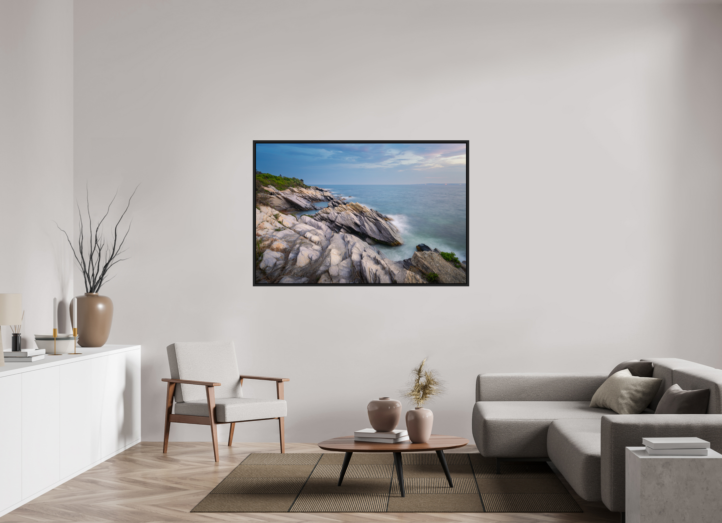60 x 40″, Premium Photo Print under Acrylic Glass with Black Wood Floater Frame Blue Hour at Beavertail