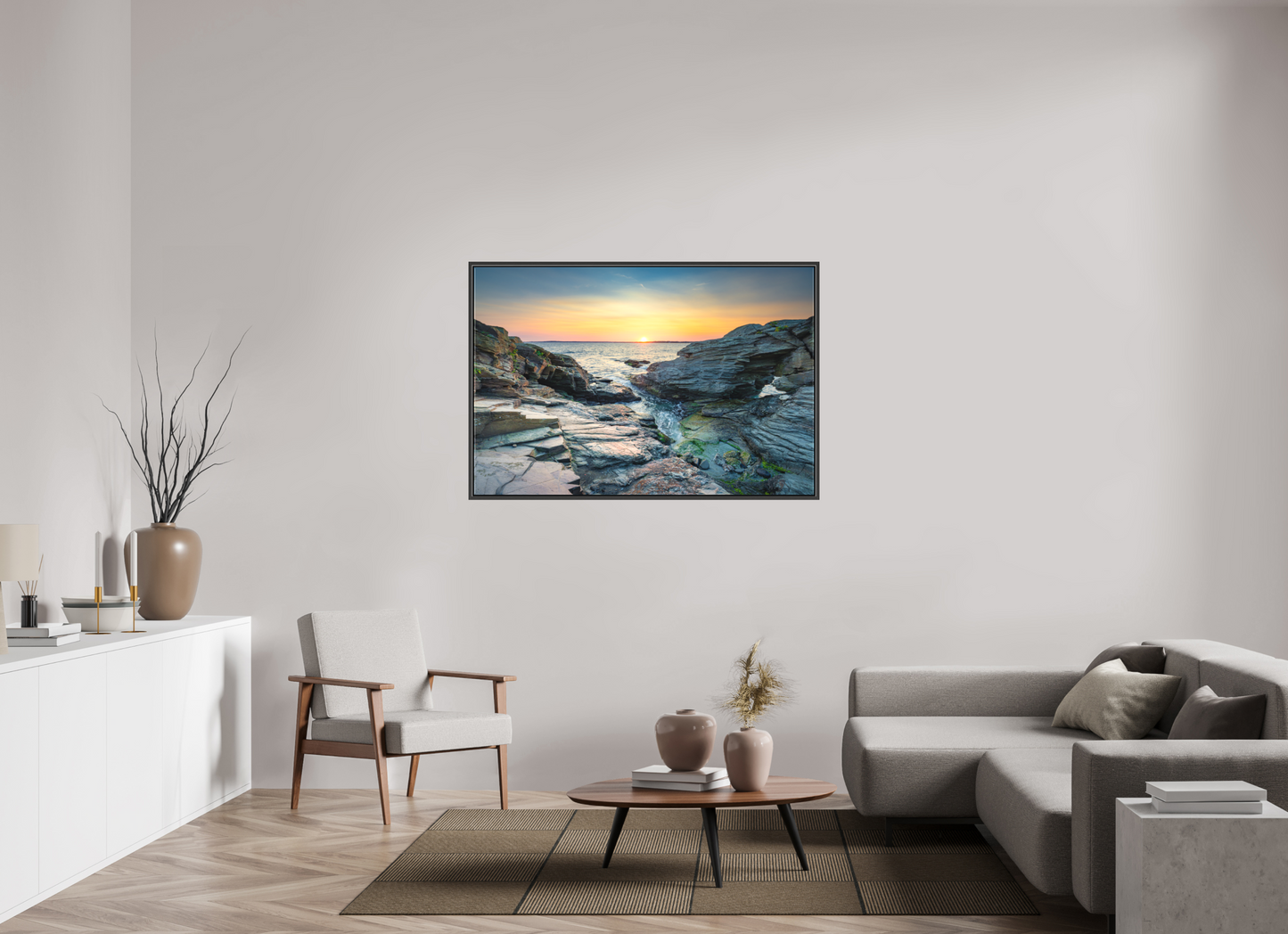 54 x 36″, Matte Canvas Print with Black Wood Floater Frame Sun on the Horizon