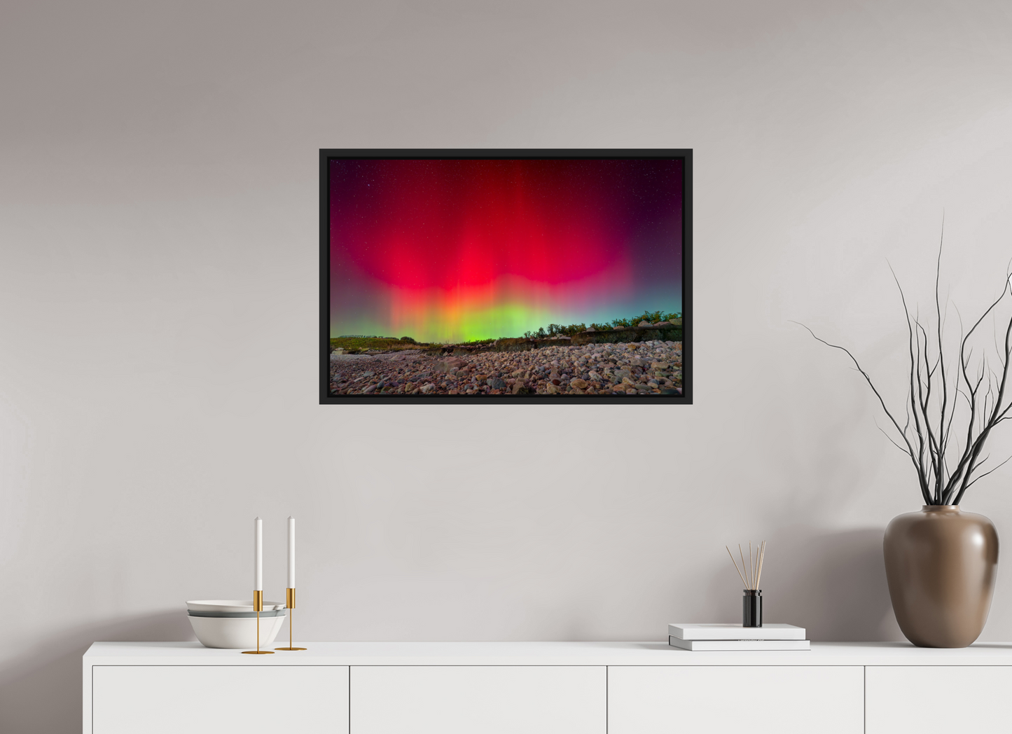 30 x 20″, ChromaLuxe HD Metal Print with Black Wood Floater Frame Aurora Borealis at Camp Cronin