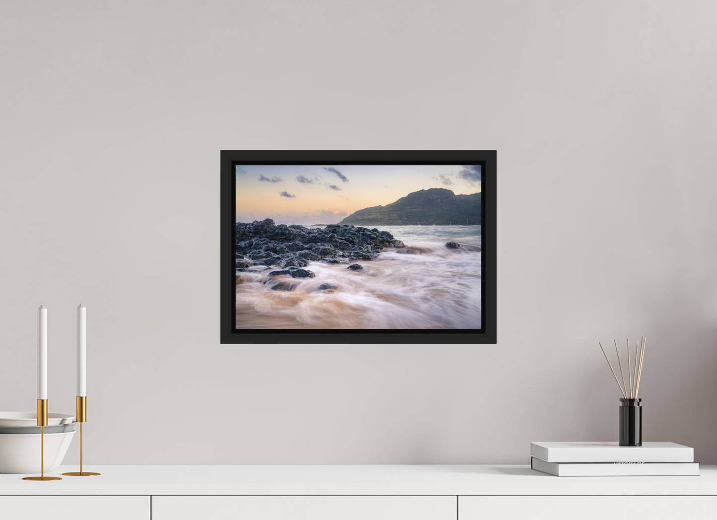 15 x 10″, ChromaLuxe HD Metal Print with Black Wood Floater Frame Lihue Sunset