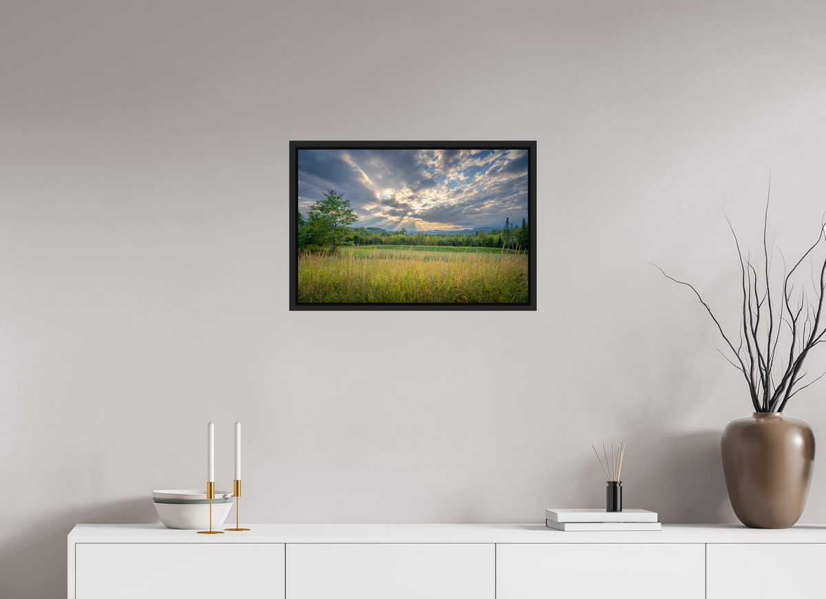 24 x 16″, Premium ChromaLuxe HD Aluminum Metal Print with Black Wood Floater Frame Mountain Sun Rays