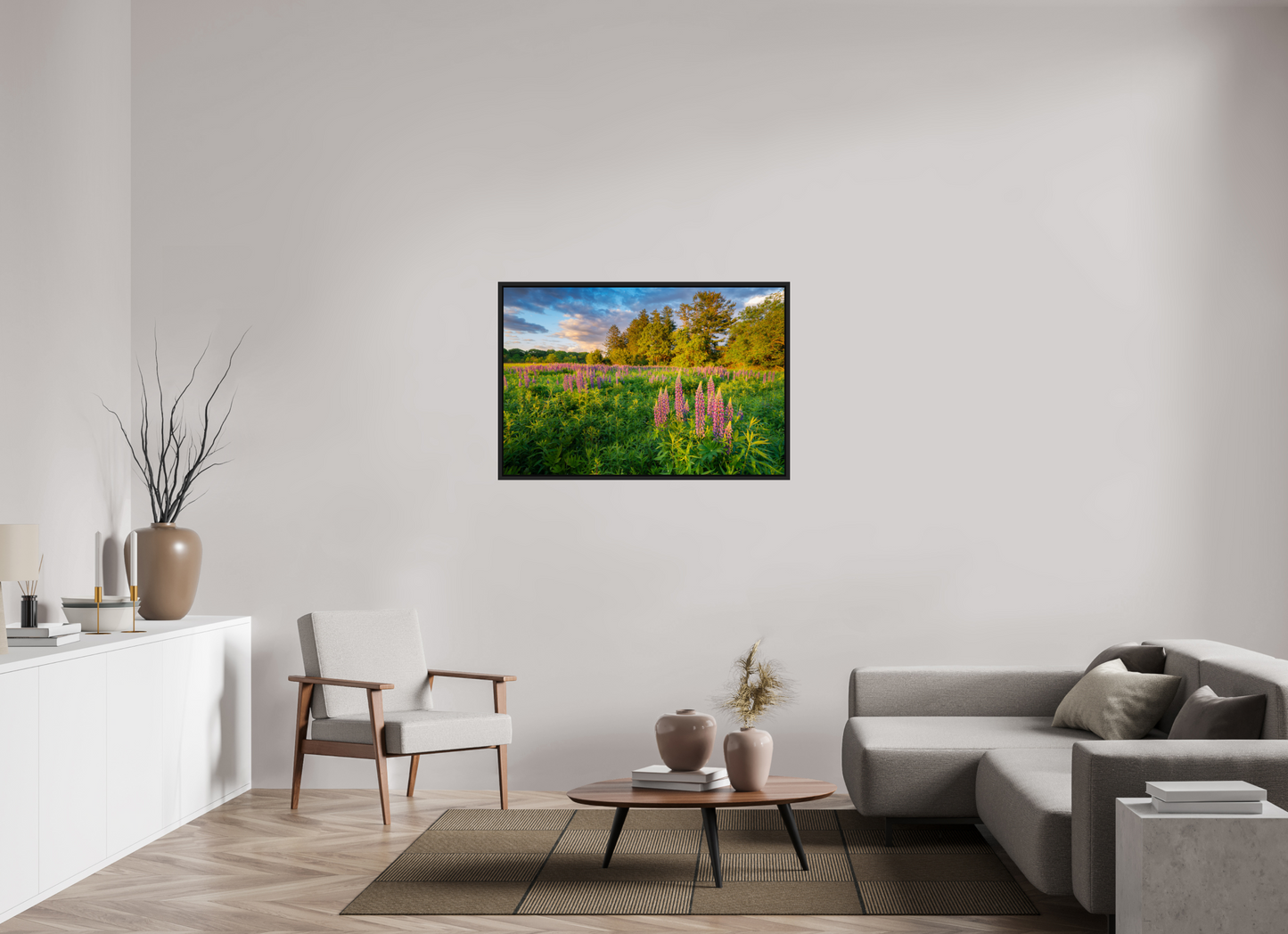 45 x 30″, Premium ChromaLuxe HD Aluminum Metal Print with Black Wood Floater Frame Lupines at Golden Hour