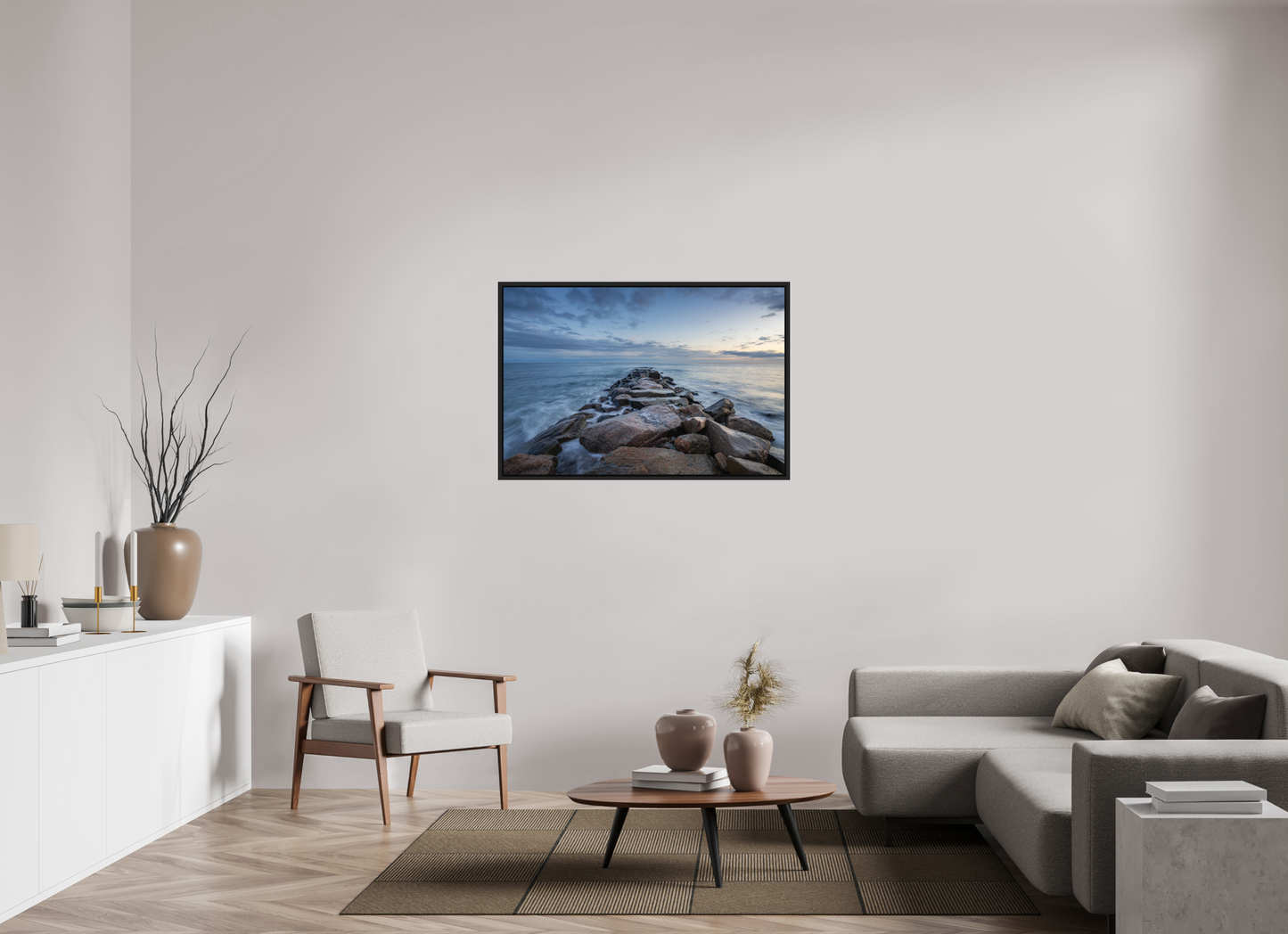 45 x 30″, Photo Print under Acrylic Glass with Black Wood Floater Frame Roger Wheeler State Beach at Blue Hour
