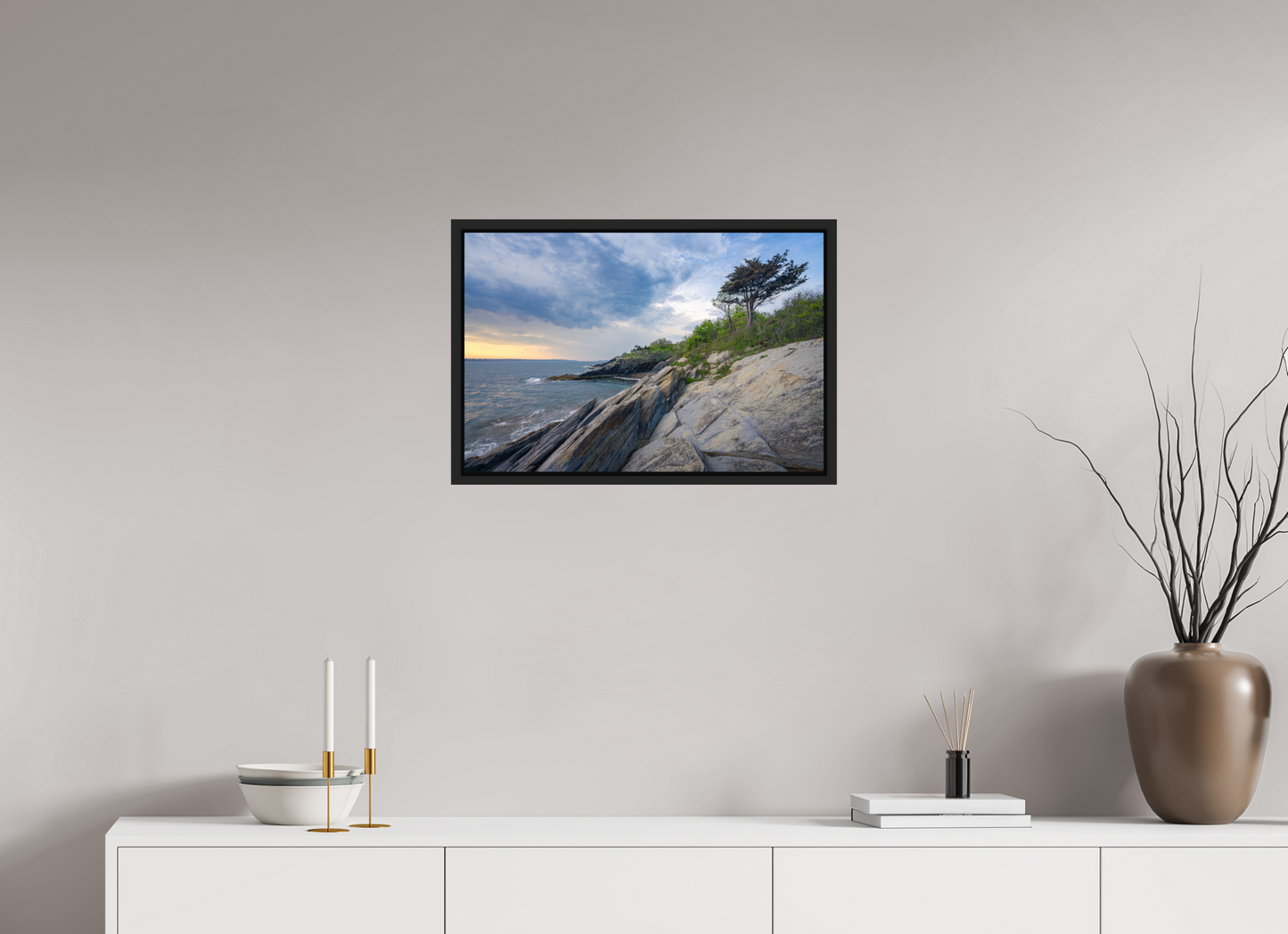 24 x 16″, Premium Photo Print under Acrylic Glass with Black Wood Floater Frame Rain in the Distance at Beavertail