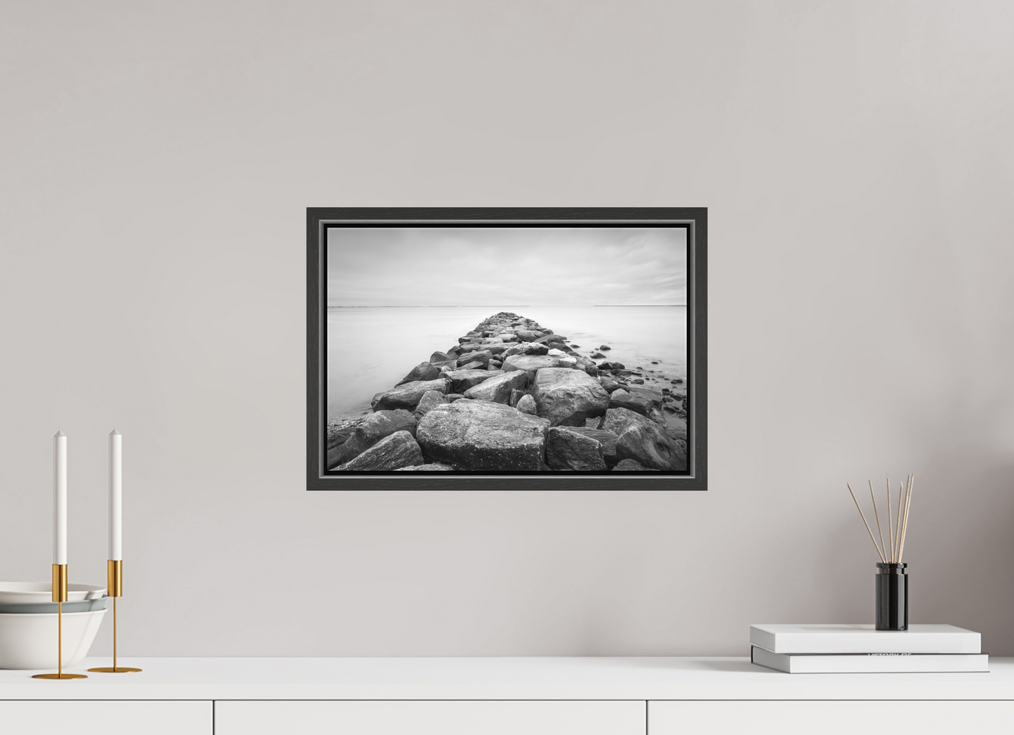 15 x 10″, Matte Canvas Print with Black Wood Floater Frame Sand Hill Cove Rocks