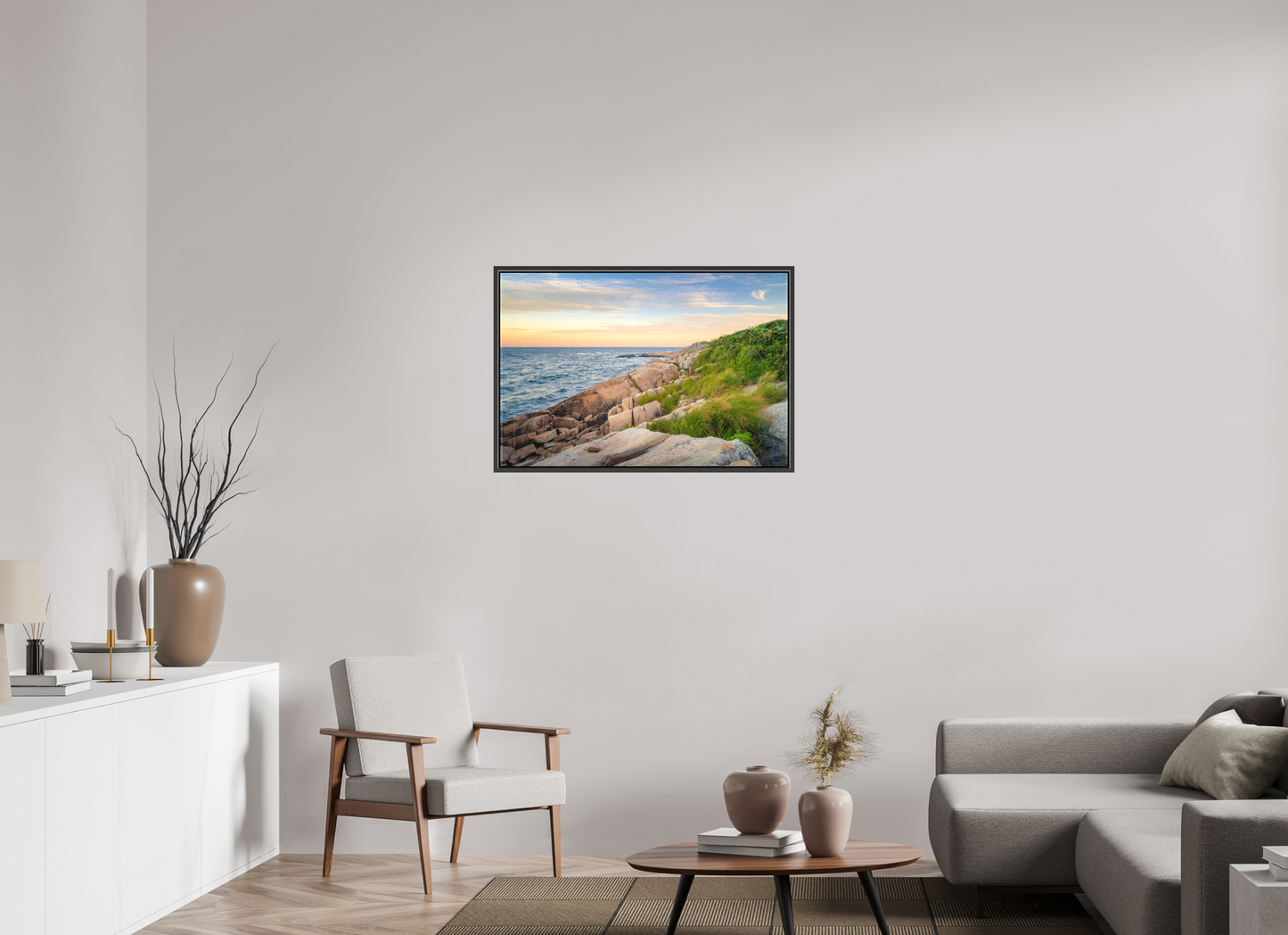 36 x 24″, Matte Canvas Print with Black Wood Floater Frame Black Point before Sunset
