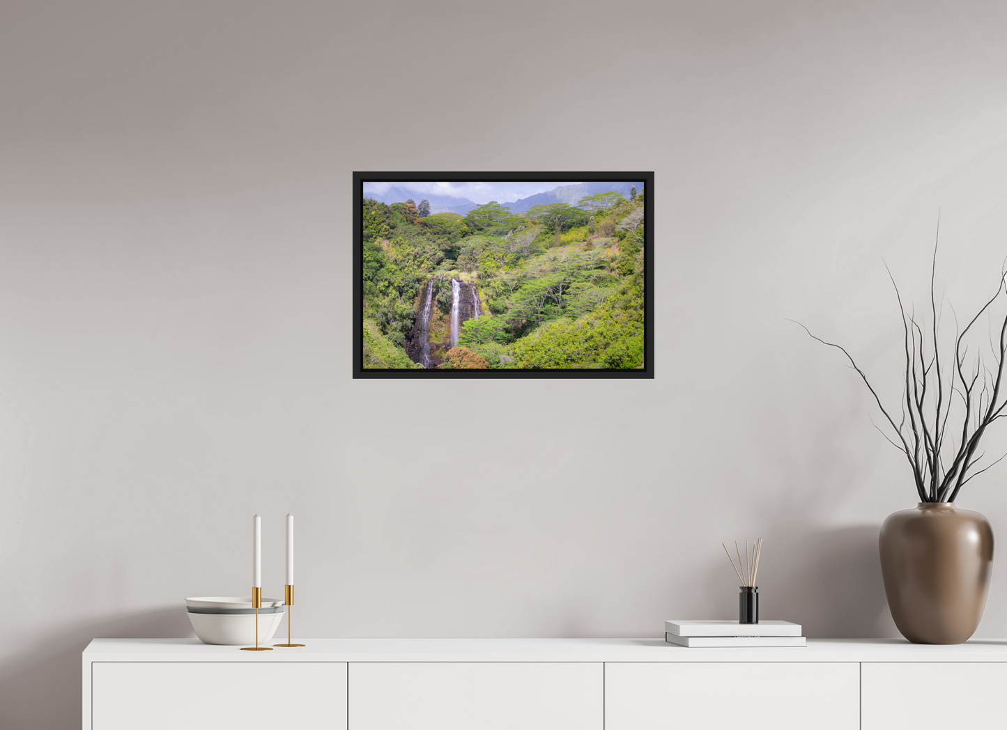 24 x 16″, Photo Print under Acrylic Glass with Black Wood Floater Frame Opeka Falls